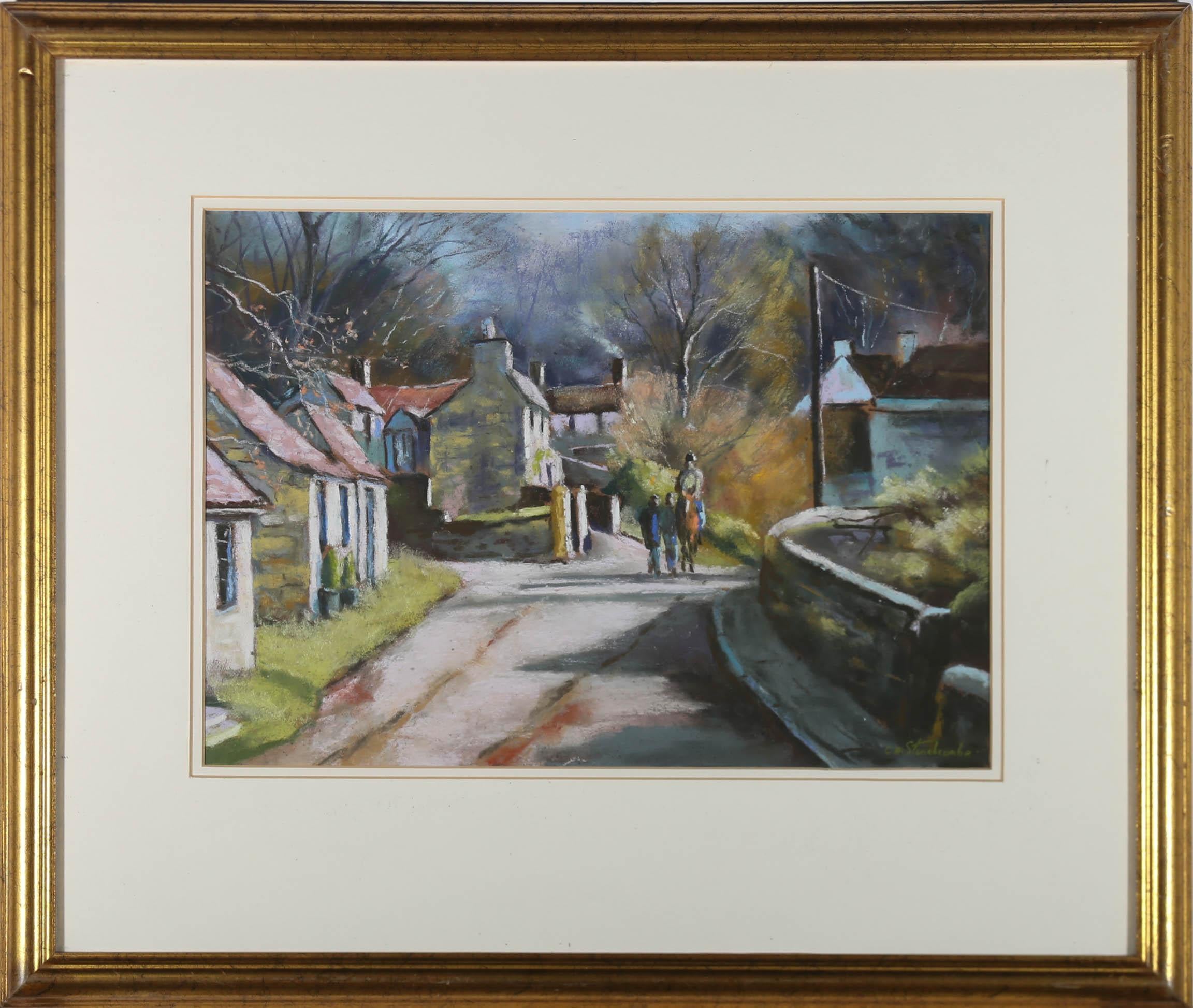 A charming winter scene depicting a the idyllic streets of castle combe. A horse and rider hack down the quiet lane under barren January trees. Signed to the lower right. On paper.
