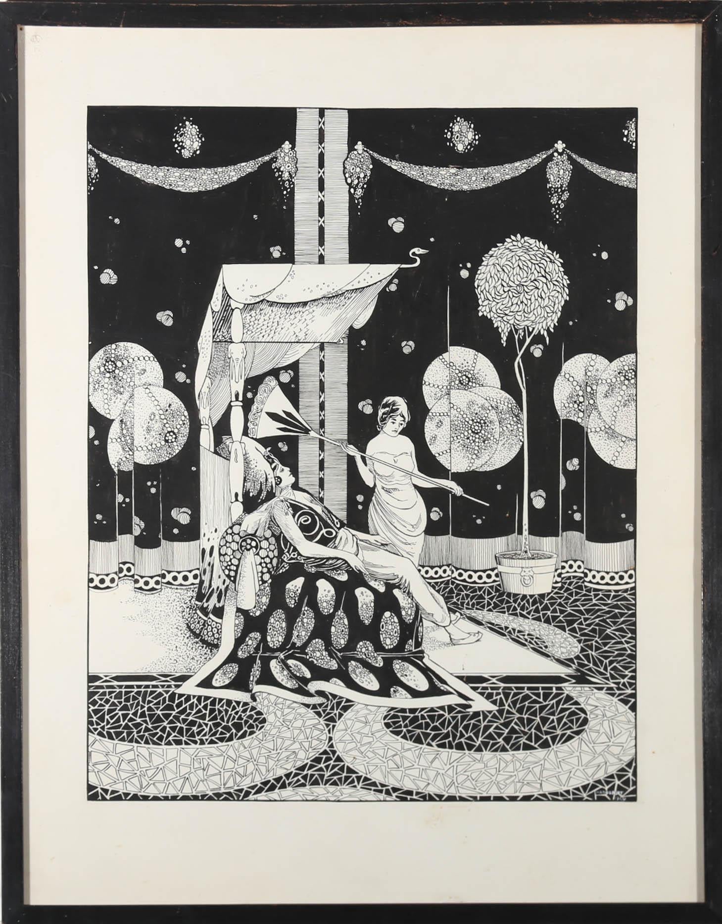 A striking pen and ink illustration of a regal queen being fanned by an attendant in an exotic interiorlandscape. Well-presented in a complimenting contemporary frame. Signed and dated. With blind stamp in the upper left corner. On paper.
