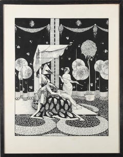 Antique Hadossett - 1920 Pen and Ink Drawing, Resting Queen in a Mythological Interior