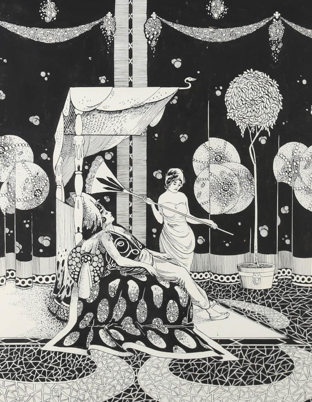 Hadossett - 1920 Pen and Ink Drawing, Resting Queen in a Mythological Interior 1