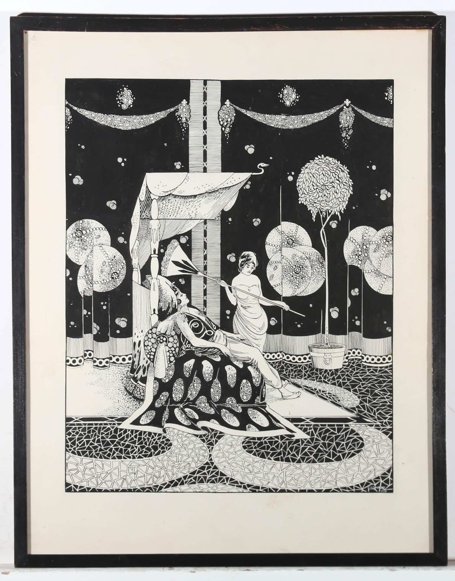 Hadossett - 1920 Pen and Ink Drawing, Resting Queen in a Mythological Interior 2