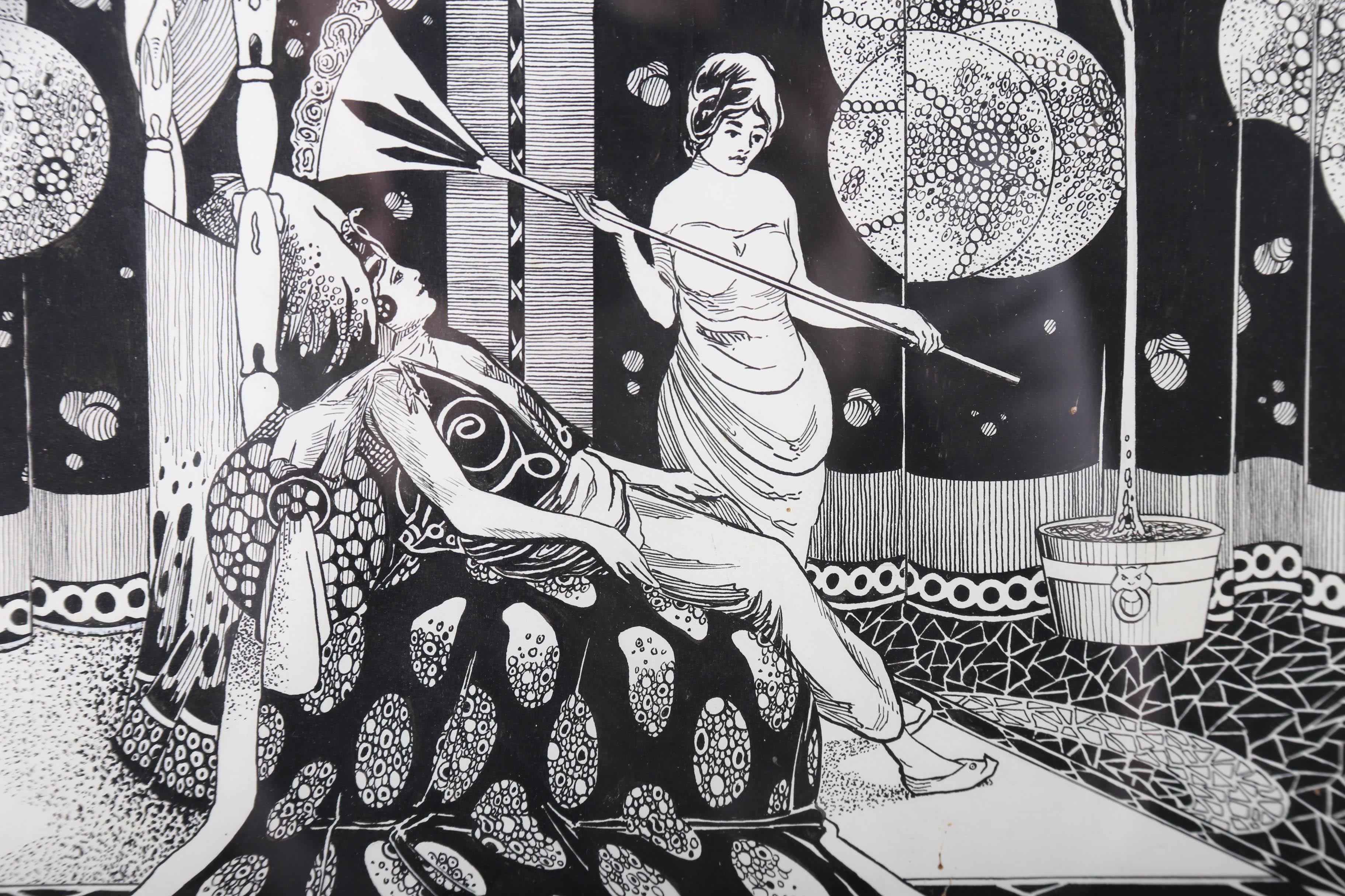 Hadossett - 1920 Pen and Ink Drawing, Resting Queen in a Mythological Interior 4
