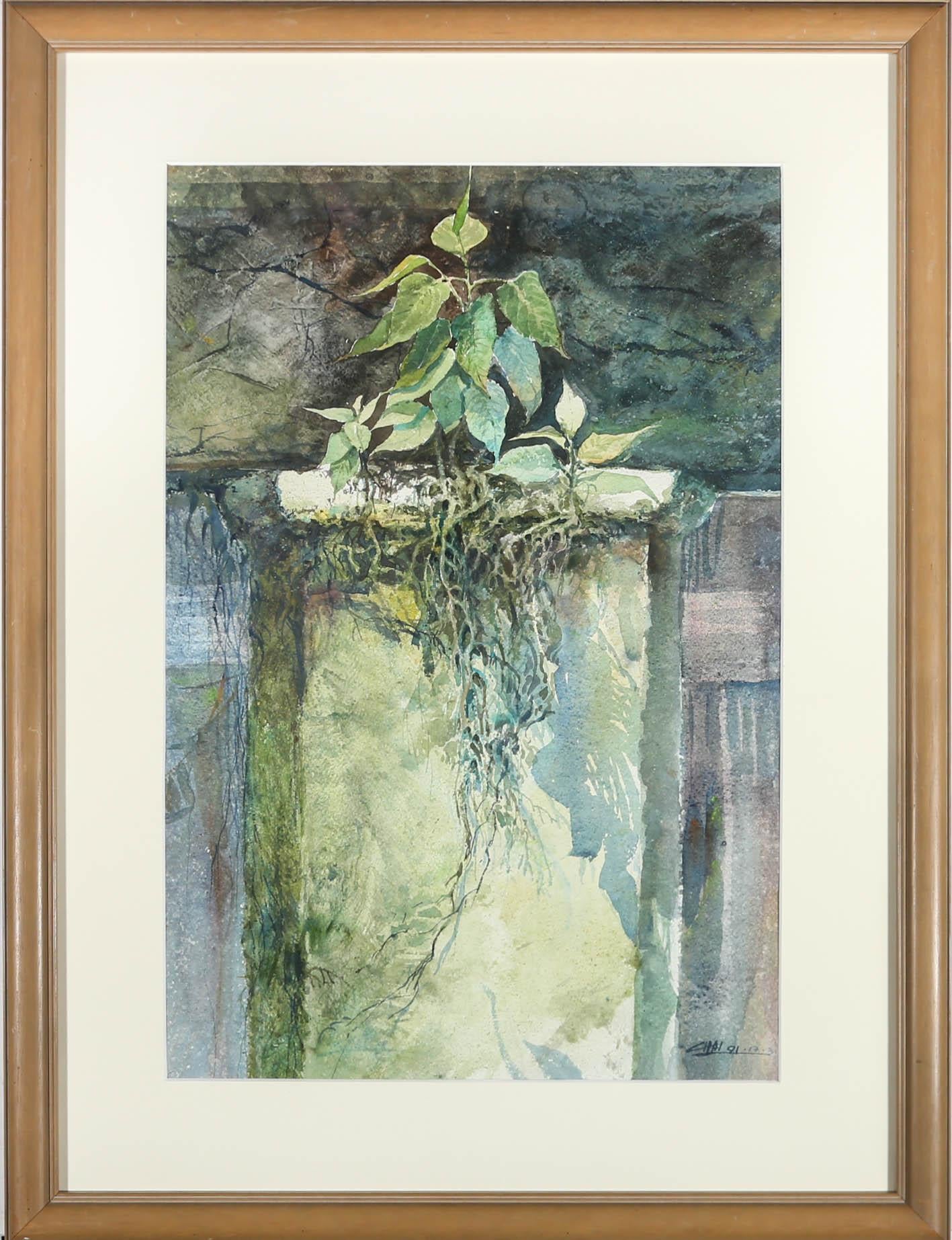 Eine stimmungsvolle Aquarellstudie, die eine Pflanze zeigt, die aus den Ritzen eines Gebäudes wächst. Teil eines Aquarellpaares desselben Künstlers. Signiert und datiert unten rechts. Künstlerlabel auf der Rückseite. Chai Seng Chai ist Mitglied der