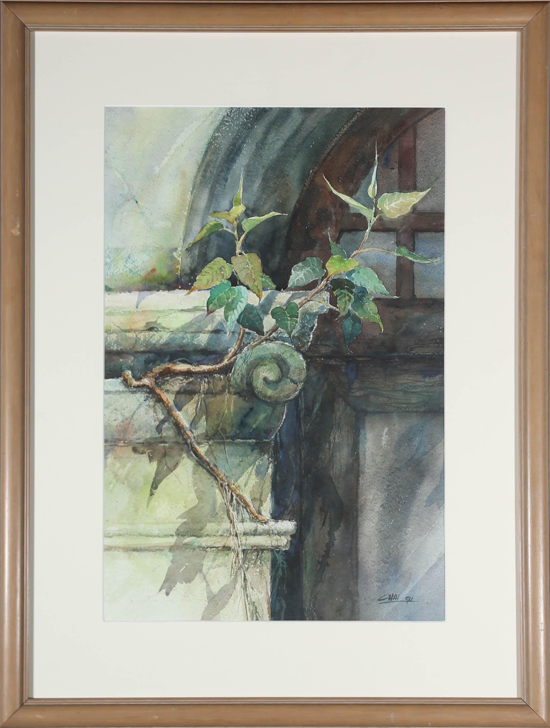 A delightful watercolour study depicting plant winding around the cornice of a door. Chia Seng Chai is a member of the Malaysian Watercolour Society. Signed to the lower right. Presented in a wooden frame. On paper.
