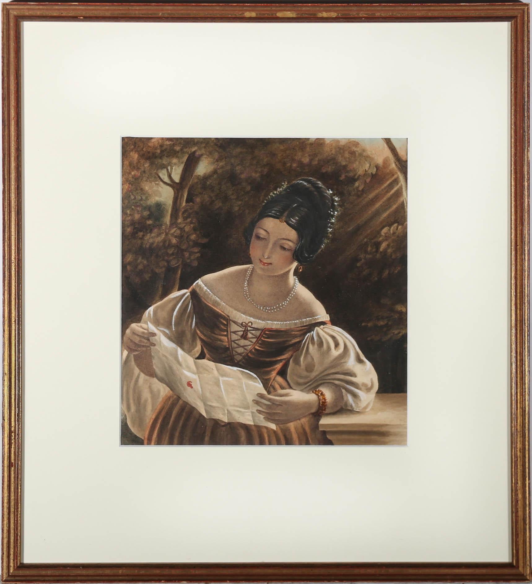 A charming portrait depicting an elegant young woman in a garden setting. She holds a letter out in the sunlight, looking intently at the words. Unsigned. Well presented in a gilt frame. On paper. 
