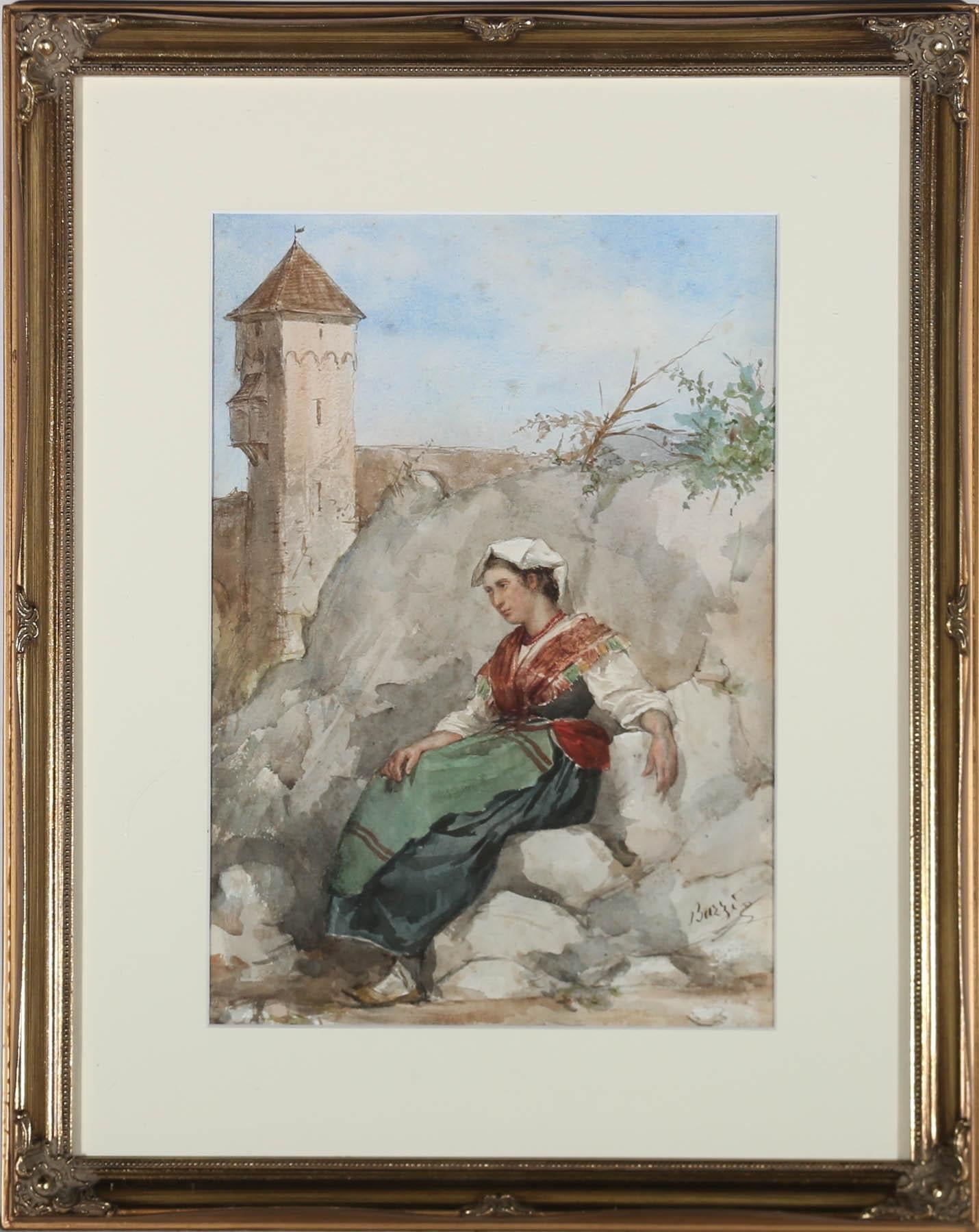 A wonderful 19th century watercolour by Italian artist Achille Buzzi, depicting a woman resting on a rocky wall. The woman has been captured in delicate detail, staring into the distance beyond. Signed to the lower right. The elegant painting has