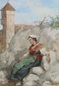 Achille Buzzi - Framed Italian School 19th Century Watercolour, Contemplation