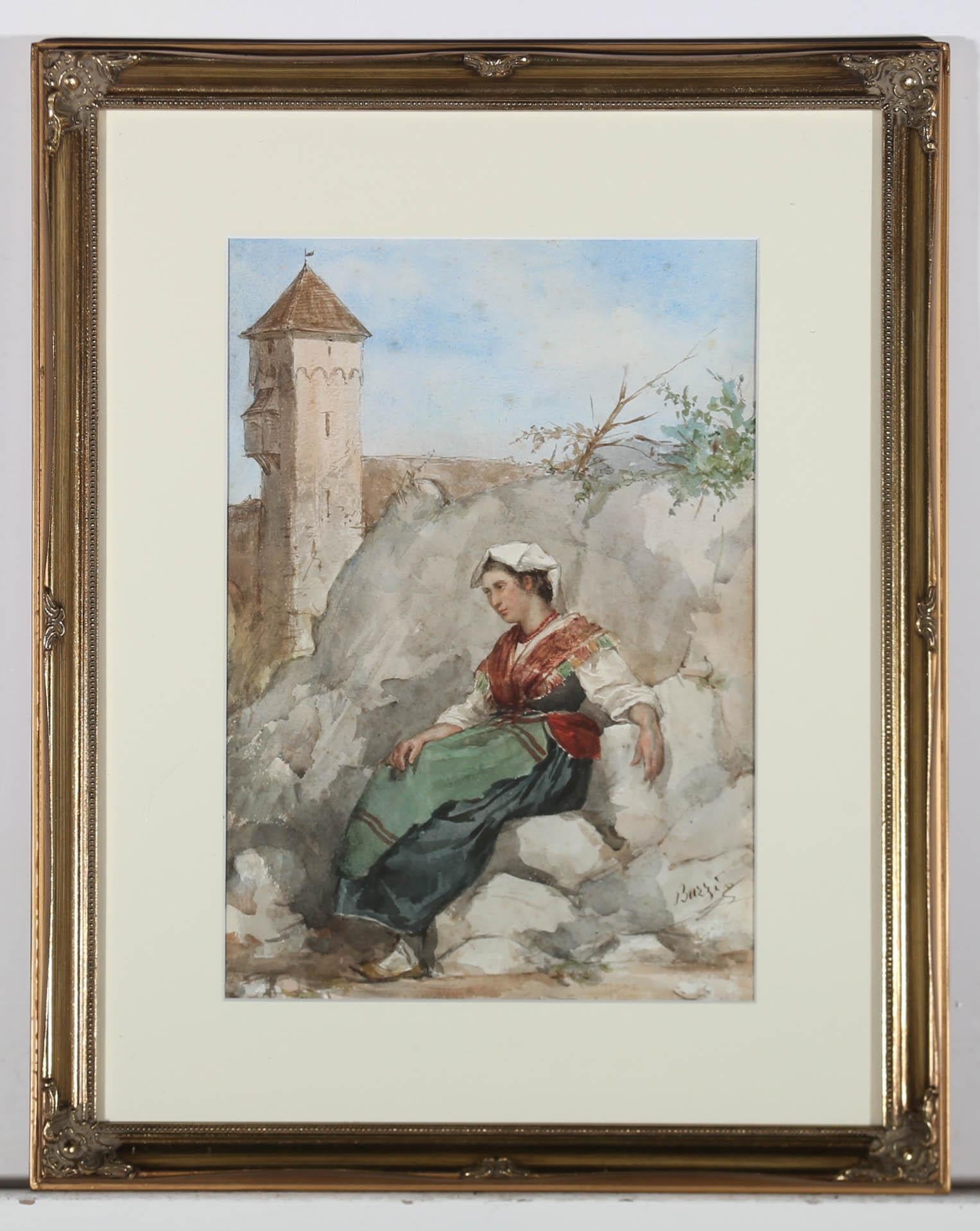  Achille Buzzi - Framed Italian School  19th Century Watercolour, Contemplation For Sale 2