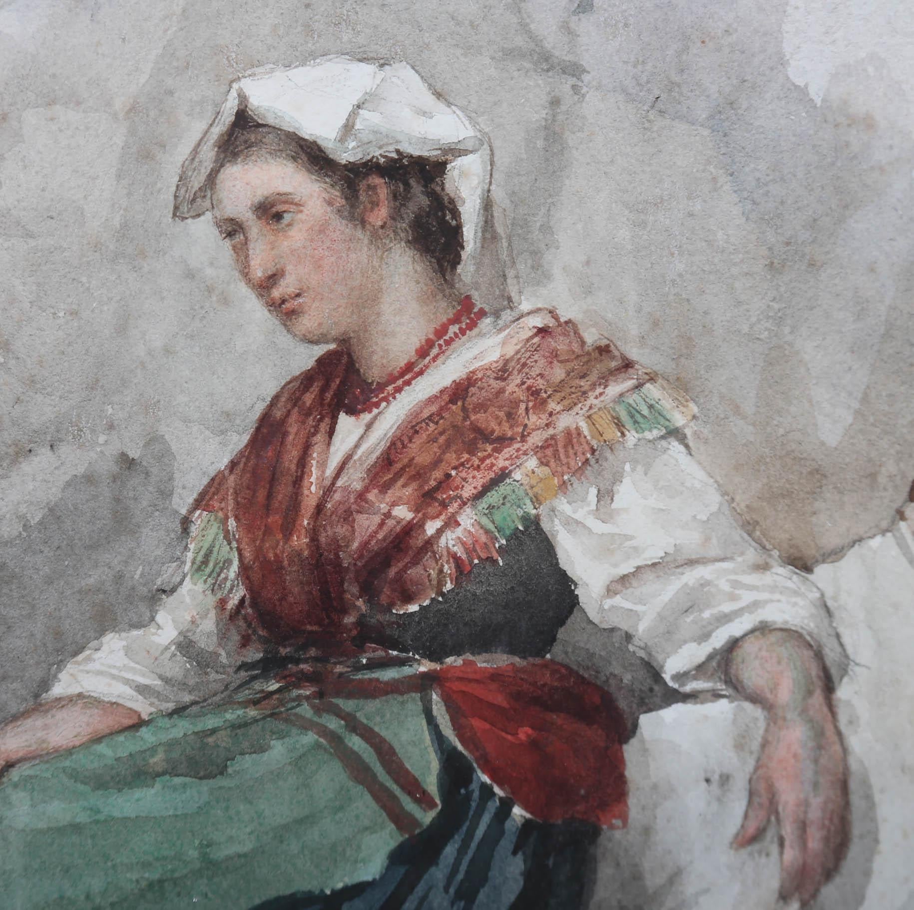  Achille Buzzi - Framed Italian School  19th Century Watercolour, Contemplation For Sale 4
