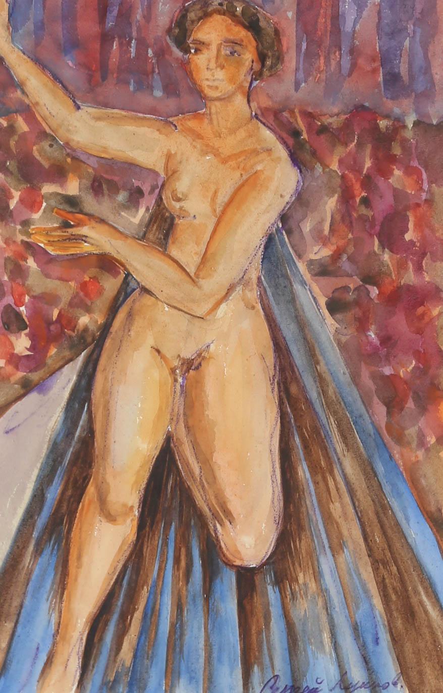 A vibrant study of a slim female figure, dancing in the nude by Russian watercolourist Sergej Michailovich Luppov (1893-1977). Finely mounted in a silver gilt frame with delicate botanical details. On paper.