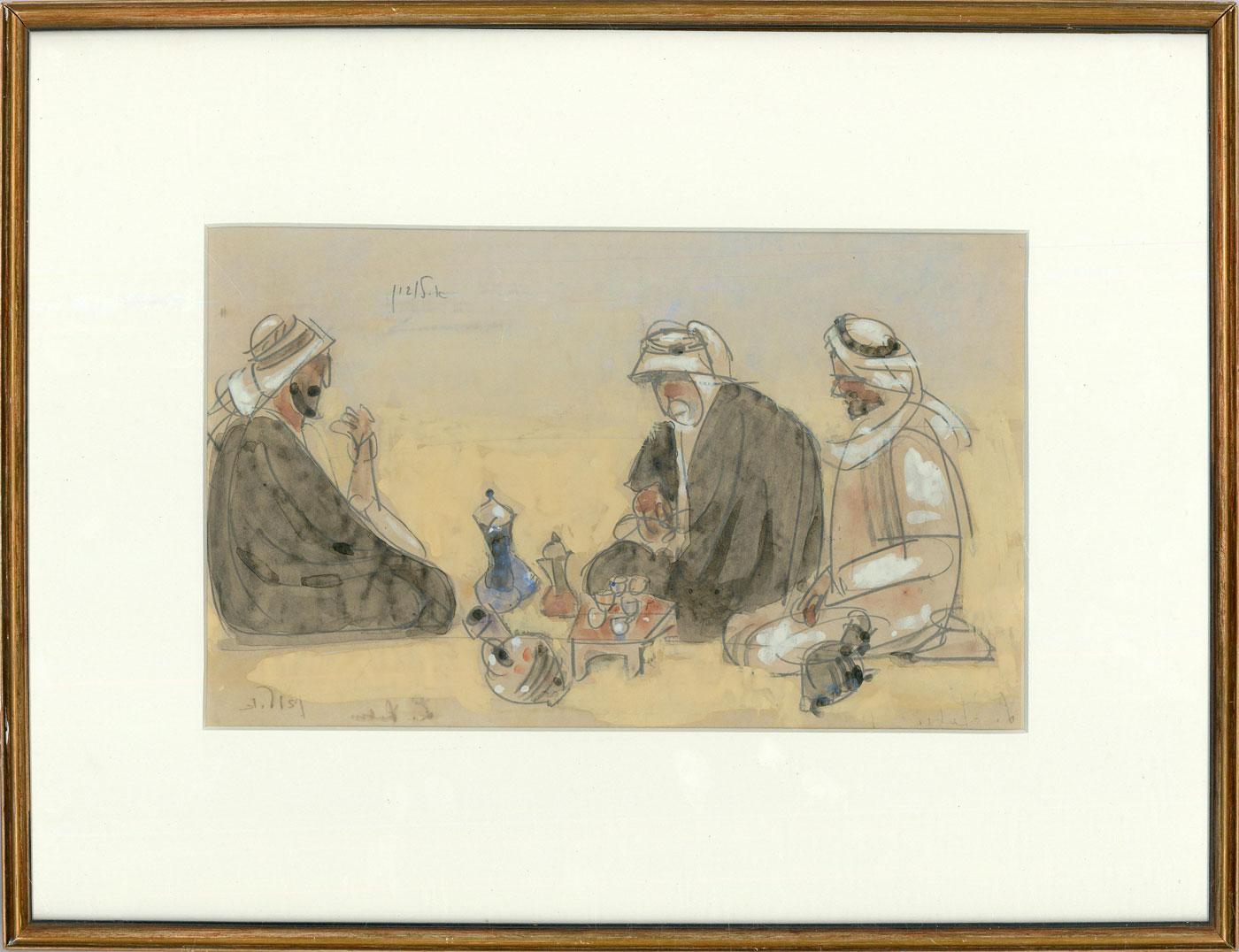 Unknown Figurative Art - Framed 20th Century Watercolour - Turks Drinking Coffee