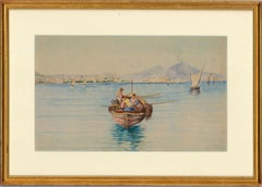 Aquarelle encadrée de la fin du 19e siècle - Pêcheurs dans la baie de Naples