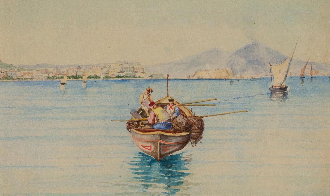 Framed Late 19th Century Watercolour - Fishermen in the Bay of Naples - Art by Unknown