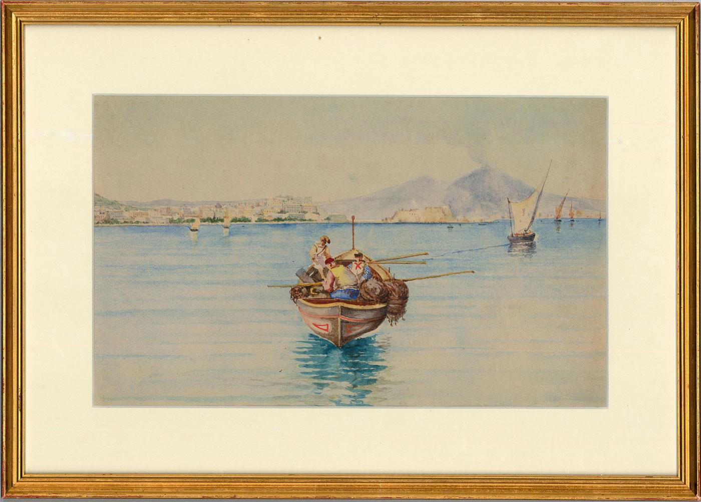 Framed Late 19th Century Watercolour - Fishermen in the Bay of Naples For Sale 1