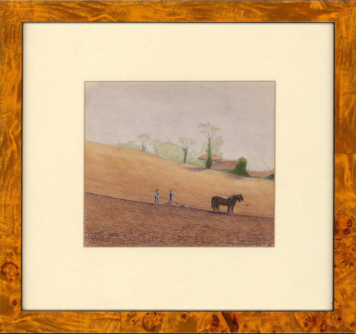 Unknown Landscape Art - Framed Early 20th Century Watercolour - A Break From Ploughing