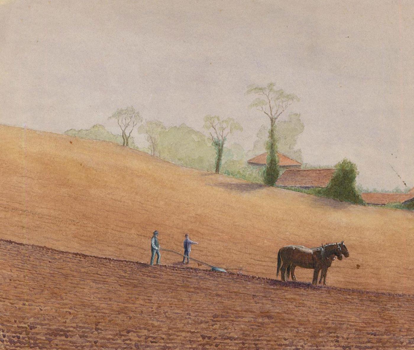 Framed Early 20th Century Watercolour - A Break From Ploughing - Art by Unknown
