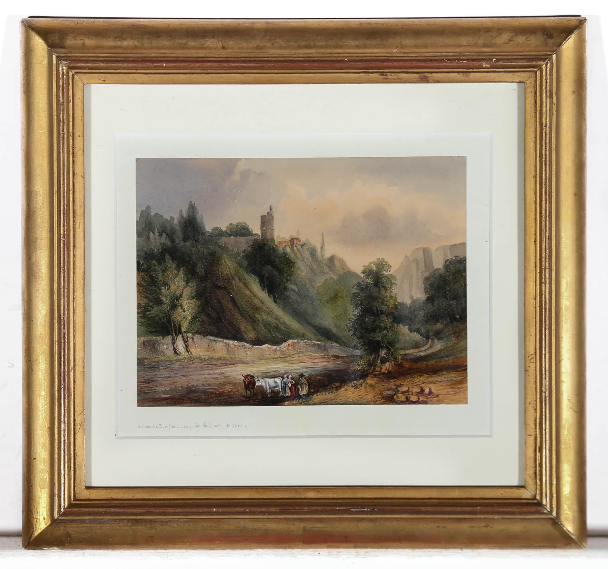 A charming watercolour scene depicting figures of the road to Château de Domfront which can be seen on a distant hill. The artist uses fine brushwork to create a detailed, intricate finish to the piece. Unsigned. Inscribed with a location in French