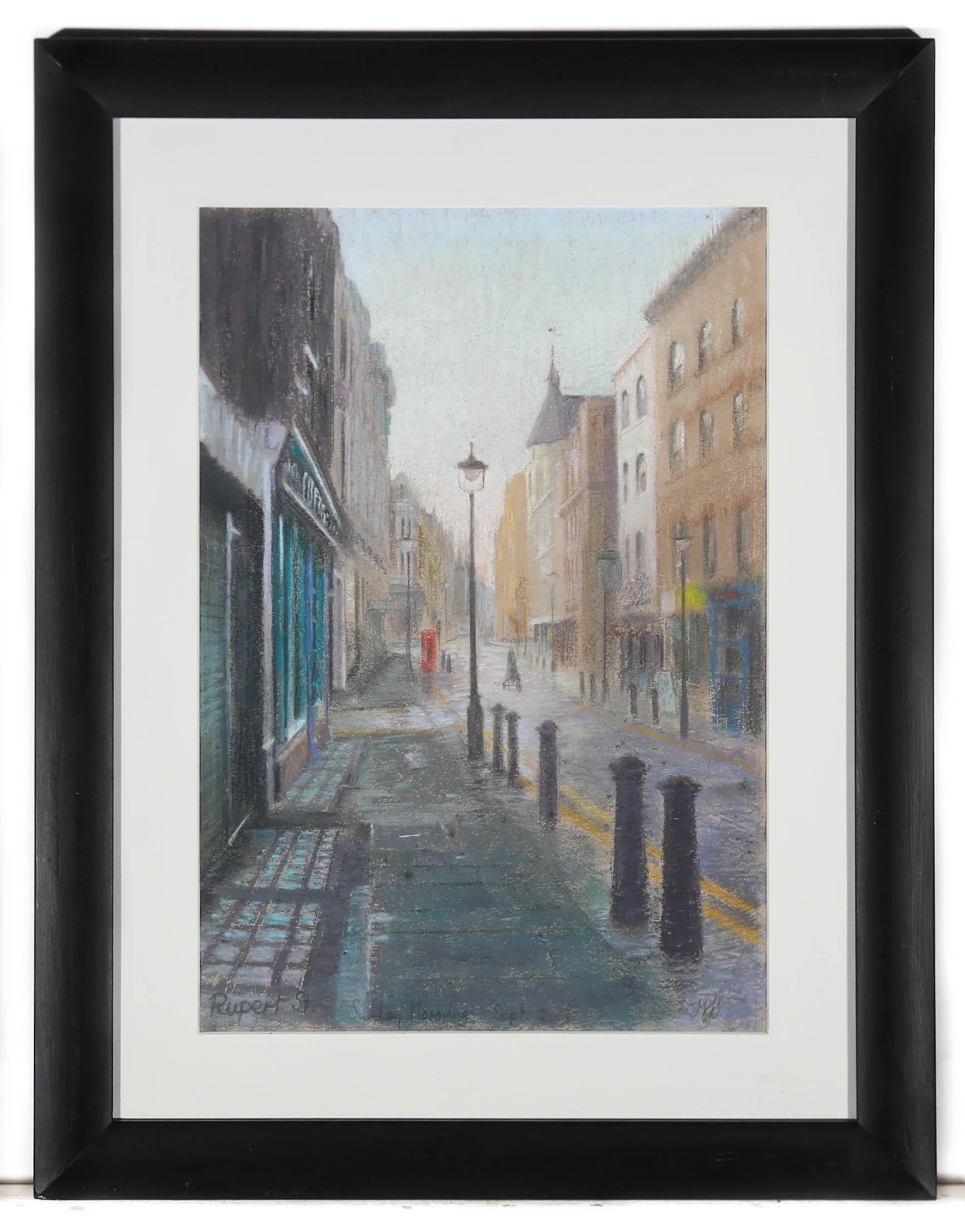 A precisely drawn pastel study of Rupert St on a quiet Sunday morning. Pops of colour take you on a journey passed closed shops, drawing your gaze further towards the centre vanish point in the scene. The artist has indistinctly monogramed to the