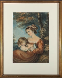 Antique Early 19th Century Watercolour - Mother & Child Holding a Rabbit