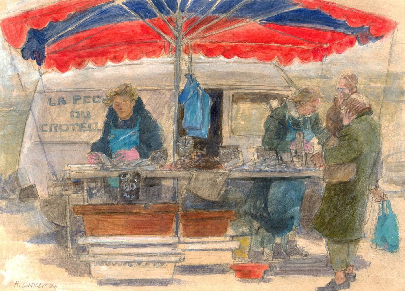 A charming watercolour study depicting figures gathering around a small fish market stall. Signed and dated to the lower left. Laid down to a white card mount. On paper.

