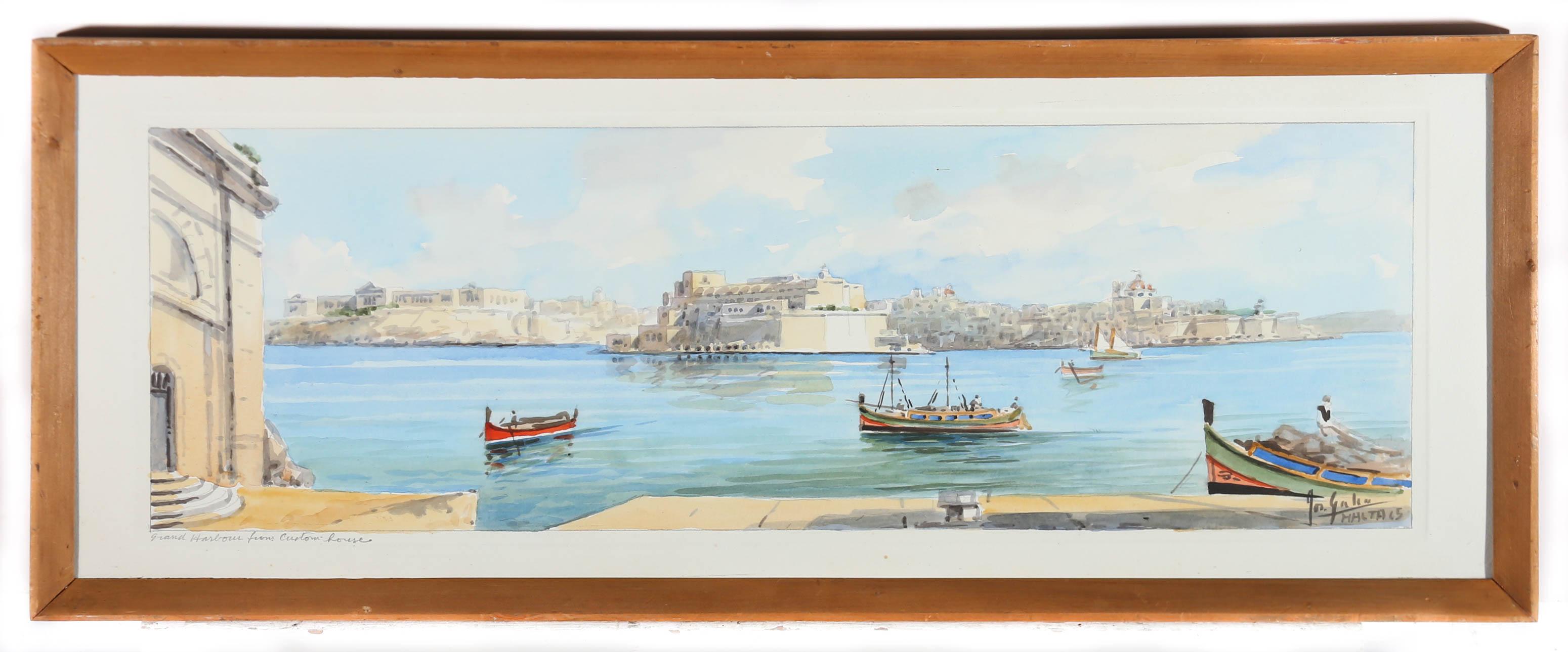 A charming scene by Joseph Galea depicting Luzzu boats on the clear waters of Malta. Signed and dated to right. Titled to the lower left. Presented in a wooden frame. On paper.

