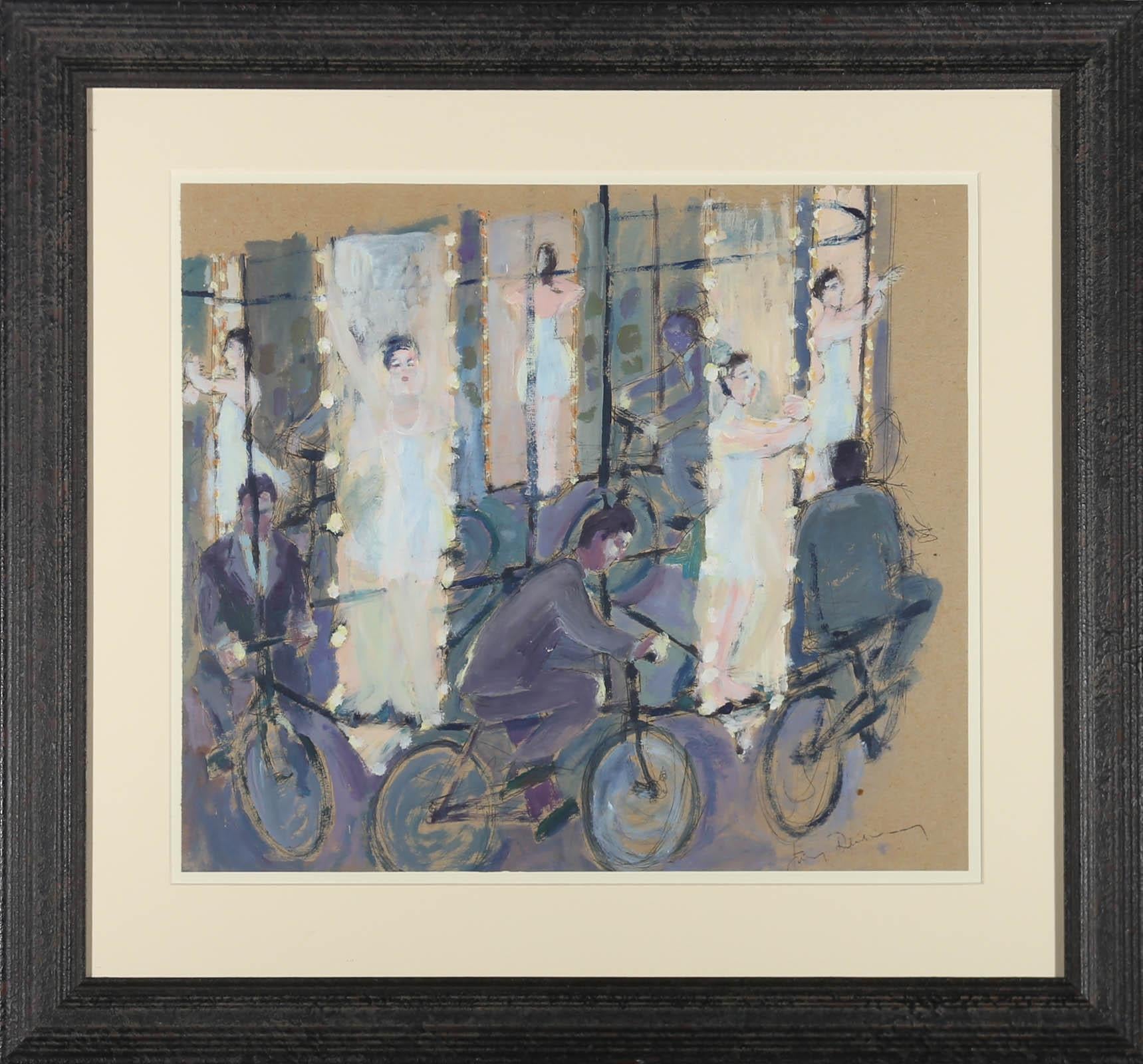 A striking surrealist study depicting a dancer and a cyclist in a mirrored hall. Captured in gouache with ink markings. Signed to the lower right. Presented in a black wooden frame. On paper.
