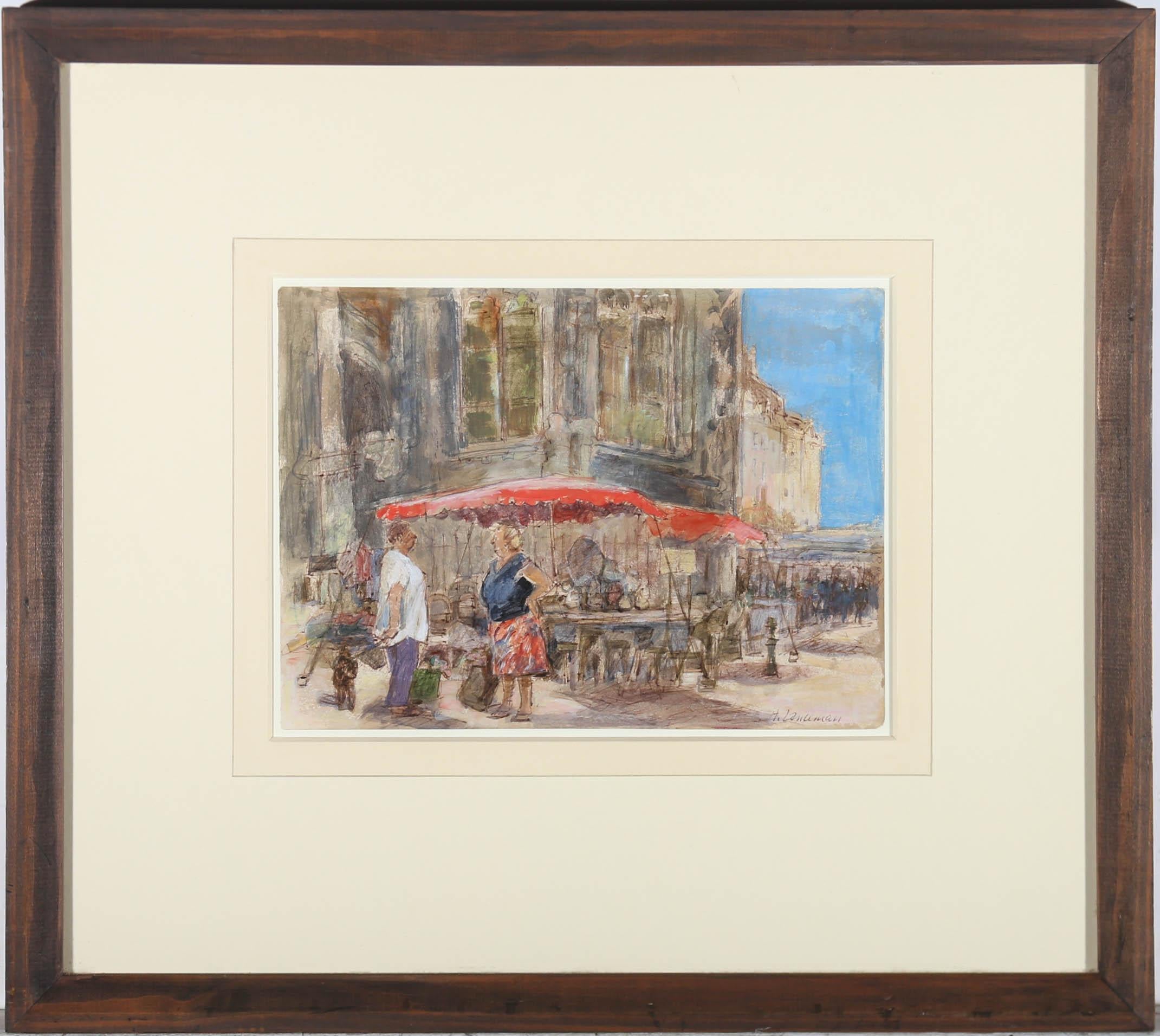 A charming scene depicting a market stall outside of Place St Jacques in Dieppe, France. Signed to the lower right. Presented in a dark wooden frame. On paper. 
