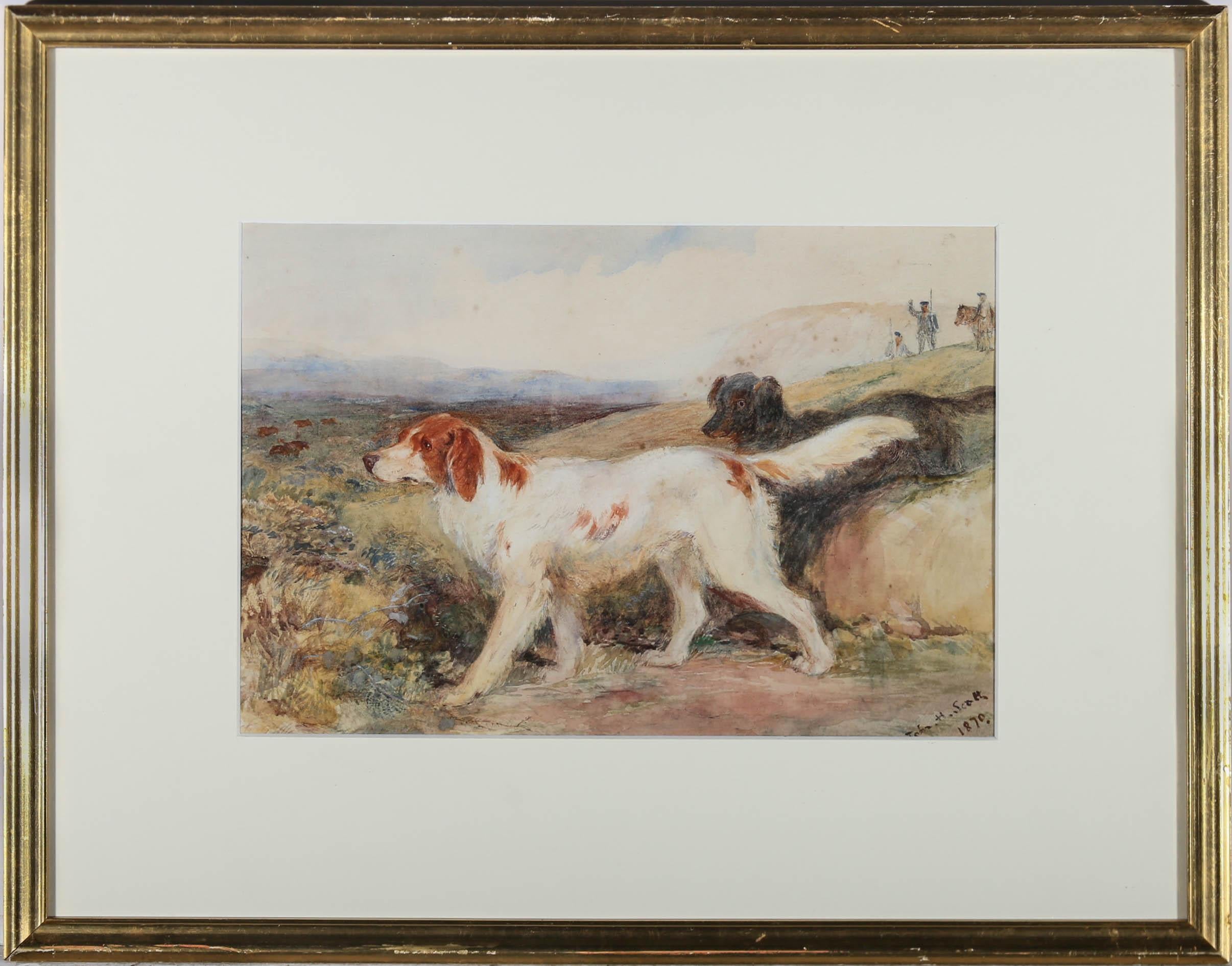 A particularly fine 19th century watercolour by John H. Scott (1829-1886), depicting two inquisitive setters retrieving grouse in the glorious moors of Scotland. Signed and dated to the lower right. Smartly mounted in a quality gilt frame. On paper.