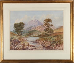Aquarelle de John Wilson Hepple (1886-1939) - 1920, paysage fluvial avec montagnes
