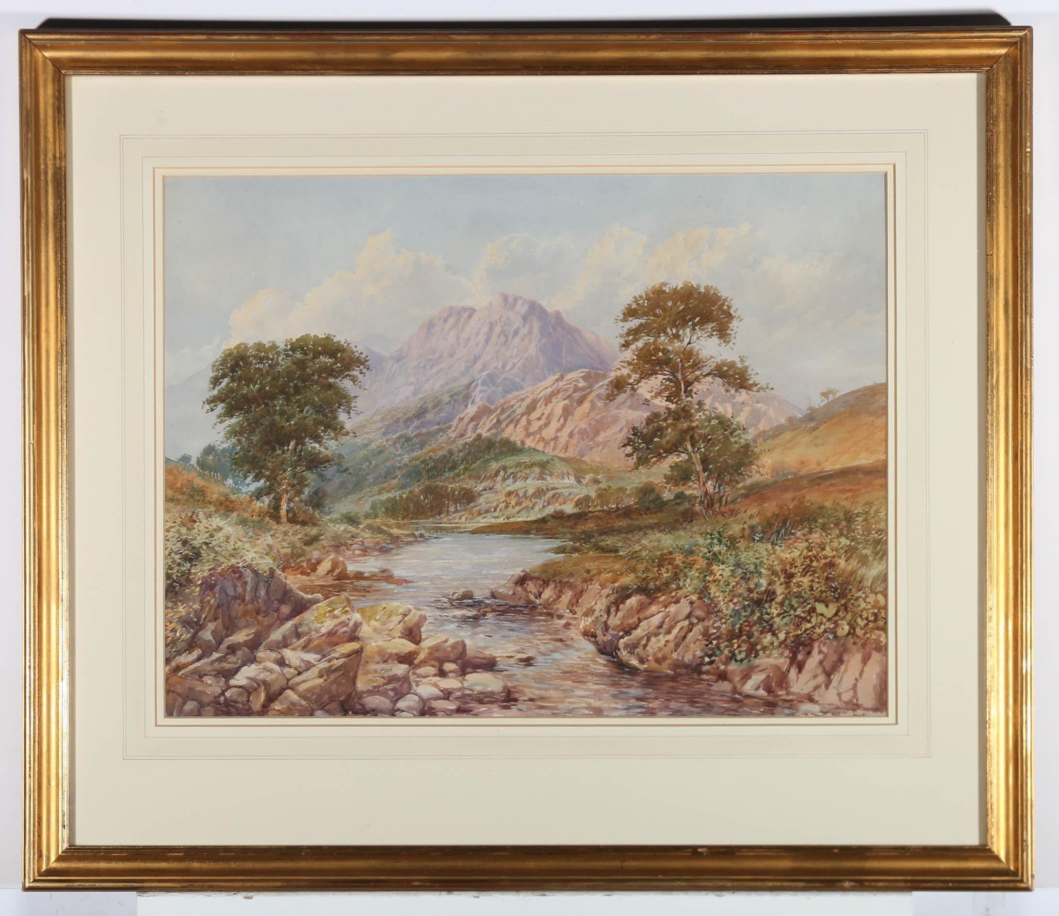 John Wilson Hepple (1886-1939) - 1920 Watercolour, Riverscape with Mountains For Sale 1