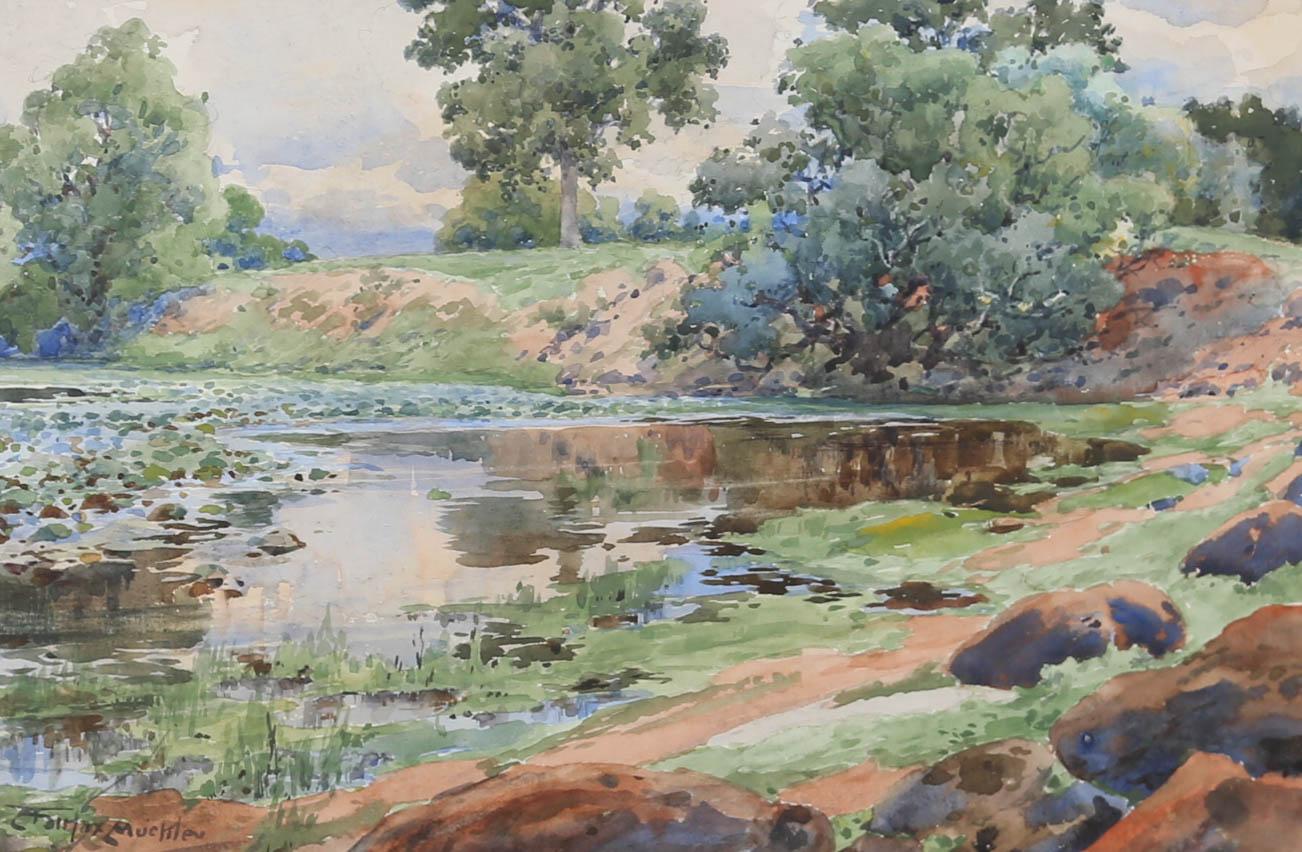 A delightful early 20th century watercolour study of a lily pond by British artist Louis Fairfax Muckley (1862-1926). The watercolour has retained its light and bright nature with cooling blue water, clay coloured banks and botanical green foliage