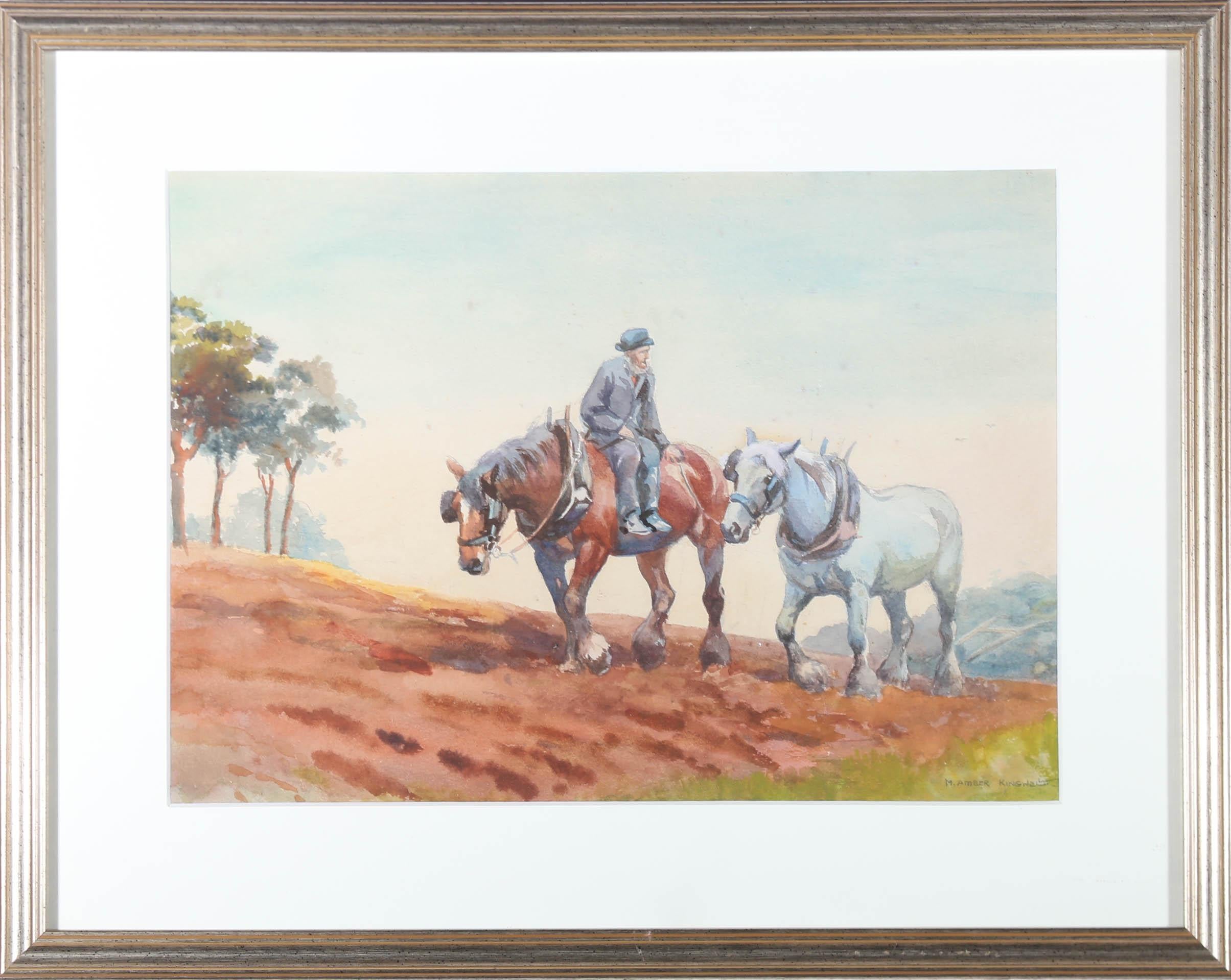 A charming agricultural scene from the early 20th century, showing a farmer paused for a break in the fields with his two hard working horses. Signed by the artist to the lower right. Well presented in a new card mount and contemporary gilt frame.