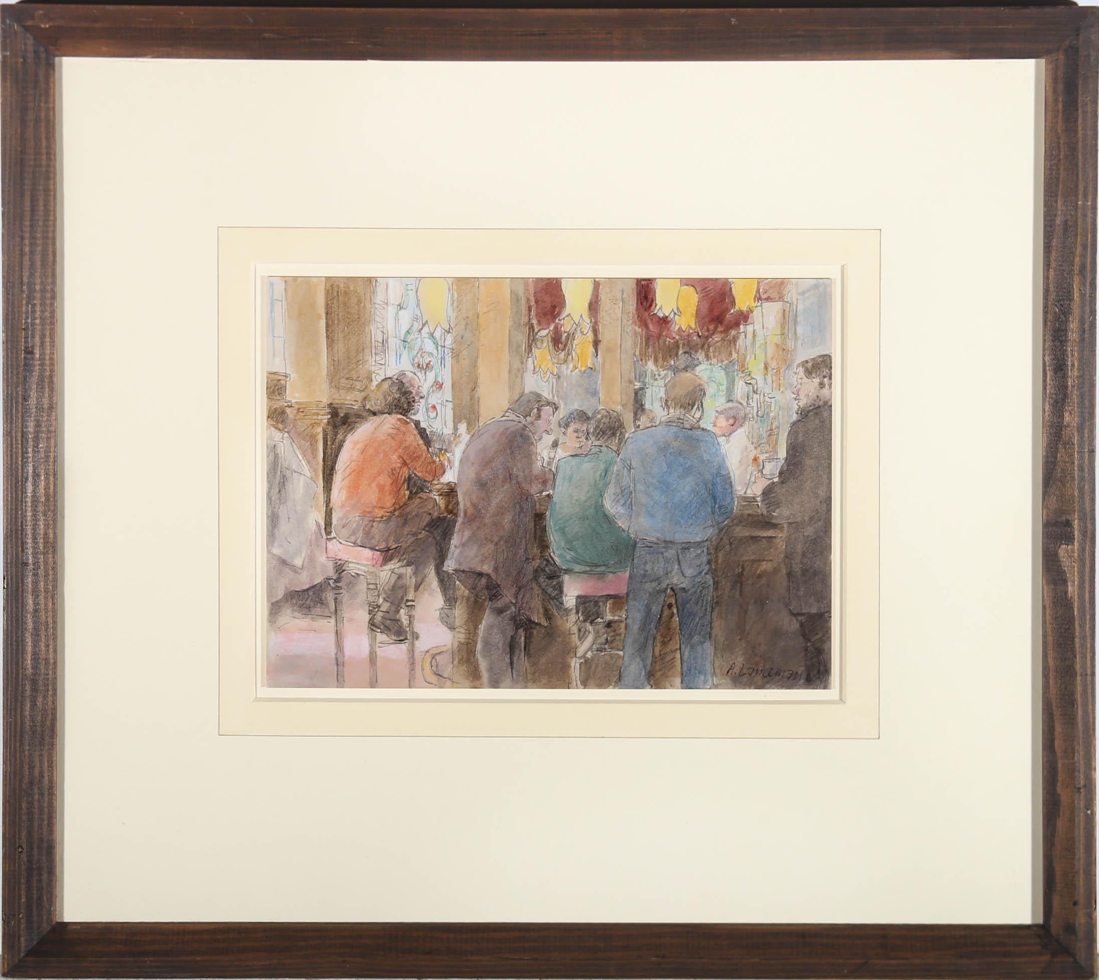 A charming scene depicting a crowded British pub. Signed to the lower right. presented in a dark wooden frame. On paper.
