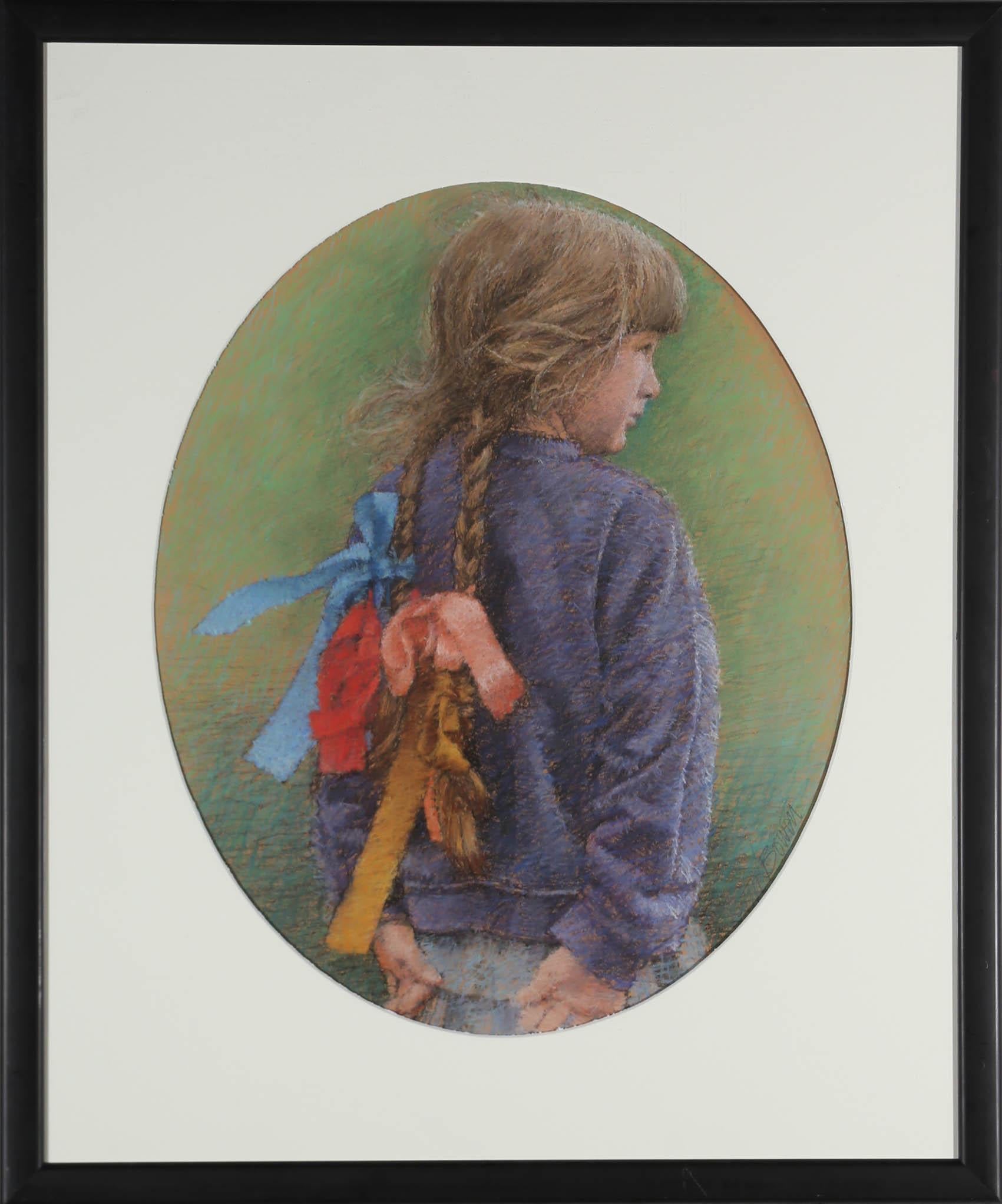 Full of texture and detail, this stunning pastel portrait depicts a fair haired child with platted pigtails, carefully tied back with colourful silk ribbons. Today Bowen is mainly painting in oils, thus his beautiful pastels are becoming even more