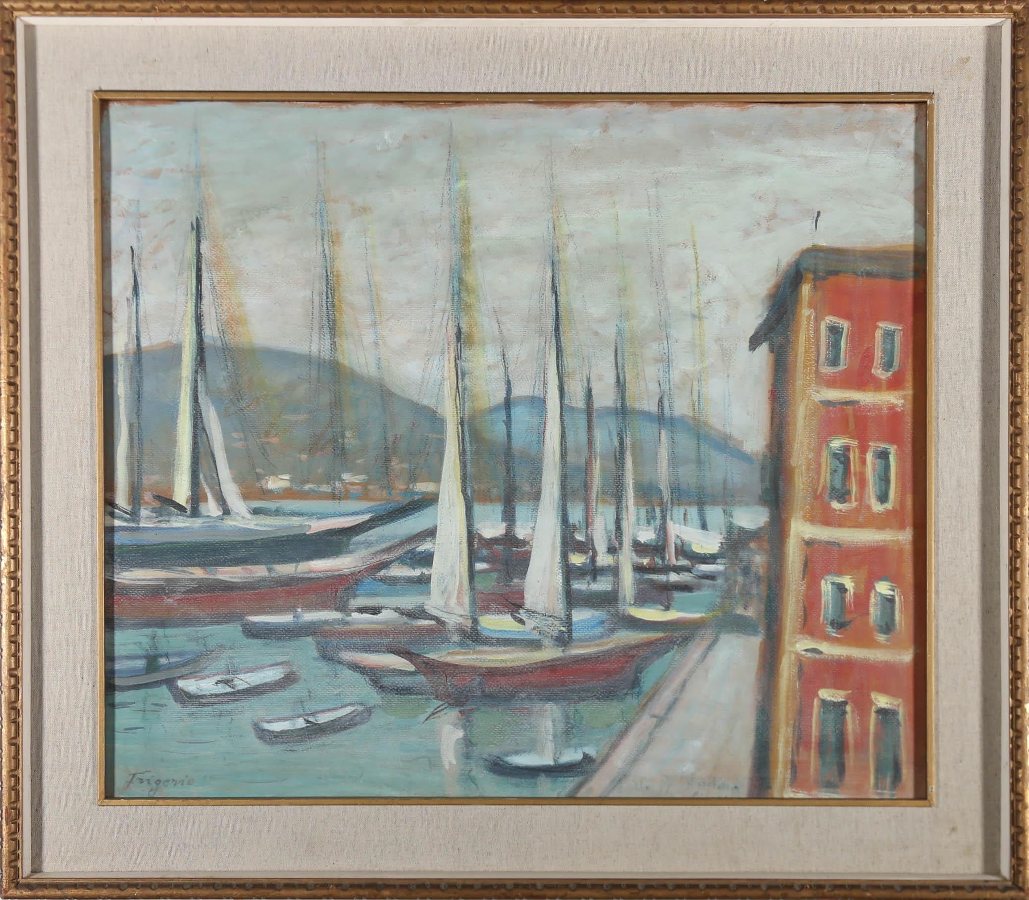 A striking early 20th century harbour scene showing boats moored near Leyland in the Netherlands. The artist has signed to the lower left and inscribed "Liguze" (Leyland) to the lower right, partially hidden by the frame. Presented in a 20th Century