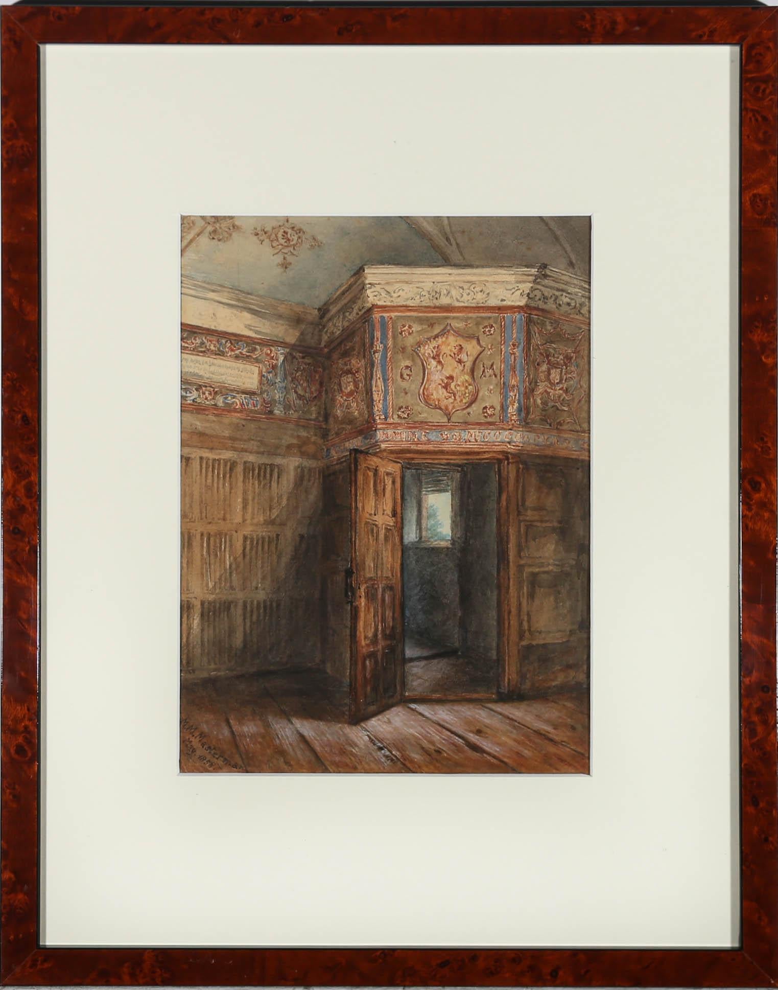 A particularly fine watercolour study of a Jacobean entranceway by Victorian artist M. M. Masterman. The craftsmanship in the cornice and carpentry in the room instantly grabs your attention, testament to the artist's fine brushwork and