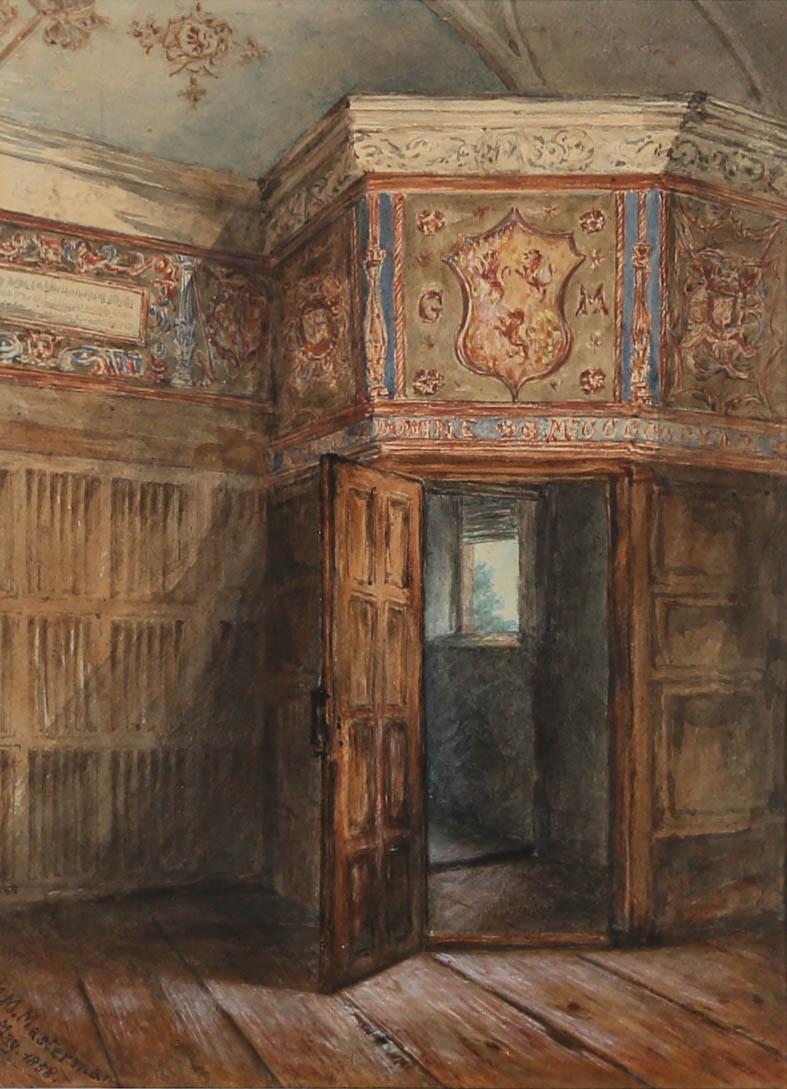 M. M. Masterman - Framed 1858 Watercolour, Jacobean Interior For Sale 1