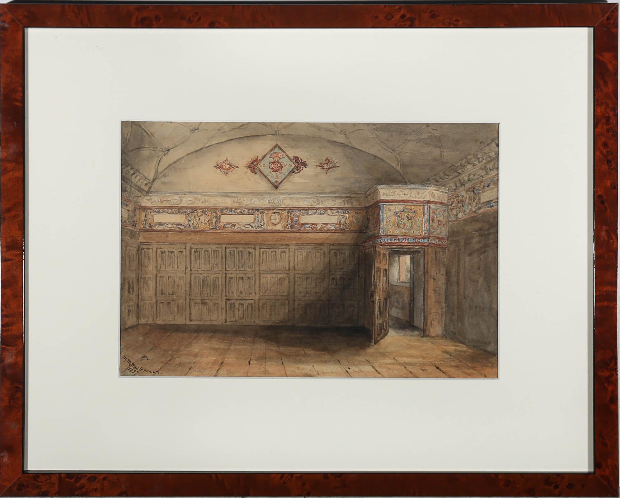 A particularly fine watercolour study of a Jacobean drawing room by Victorian artist M. M. Masterman. The craftsmanship and carpentry of the interior instantly grabs your attention, testament to the artist's consideration to detail and fine