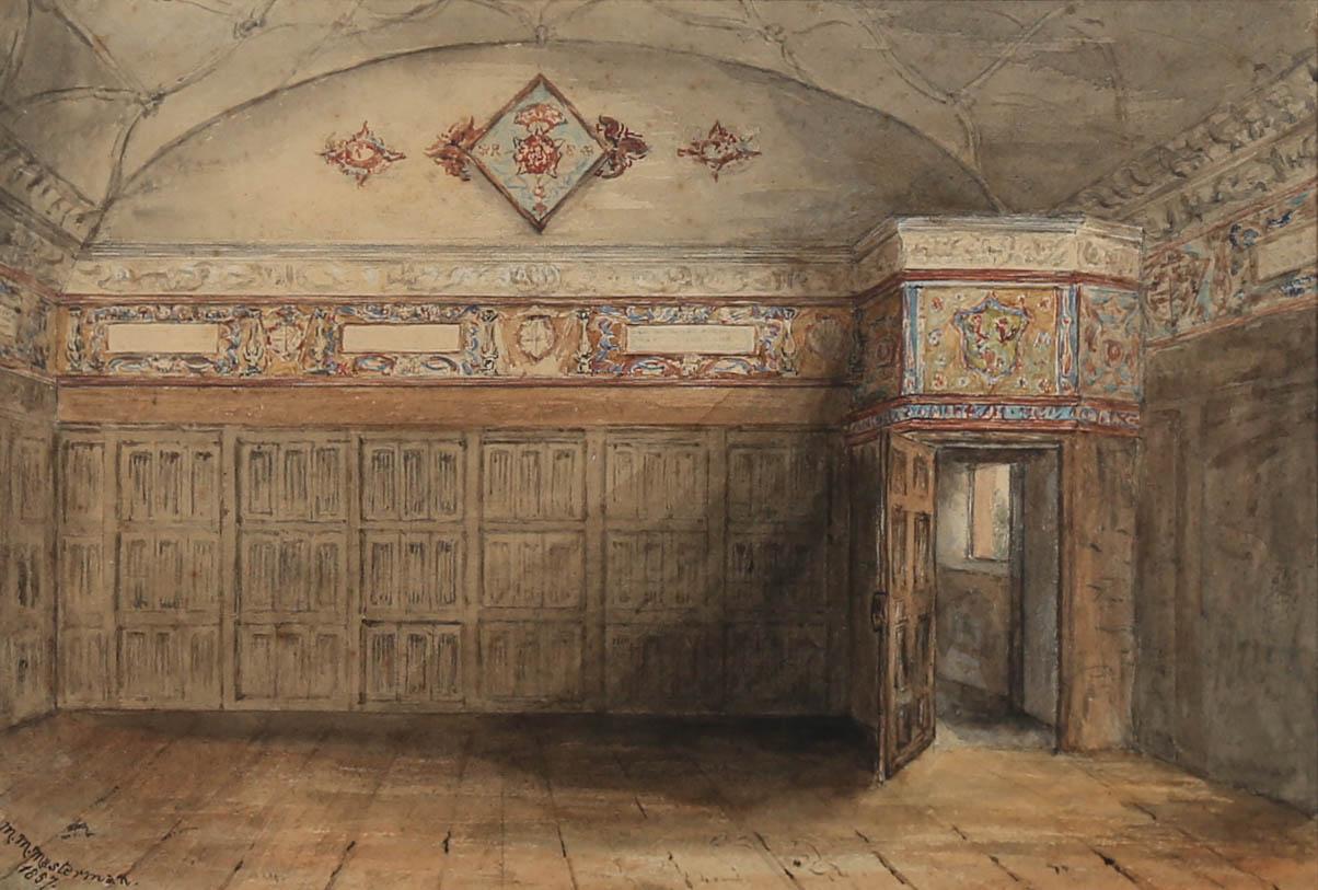 M. M. Masterman - Framed 1857 Watercolour, Jacobean Drawing Room For Sale 1