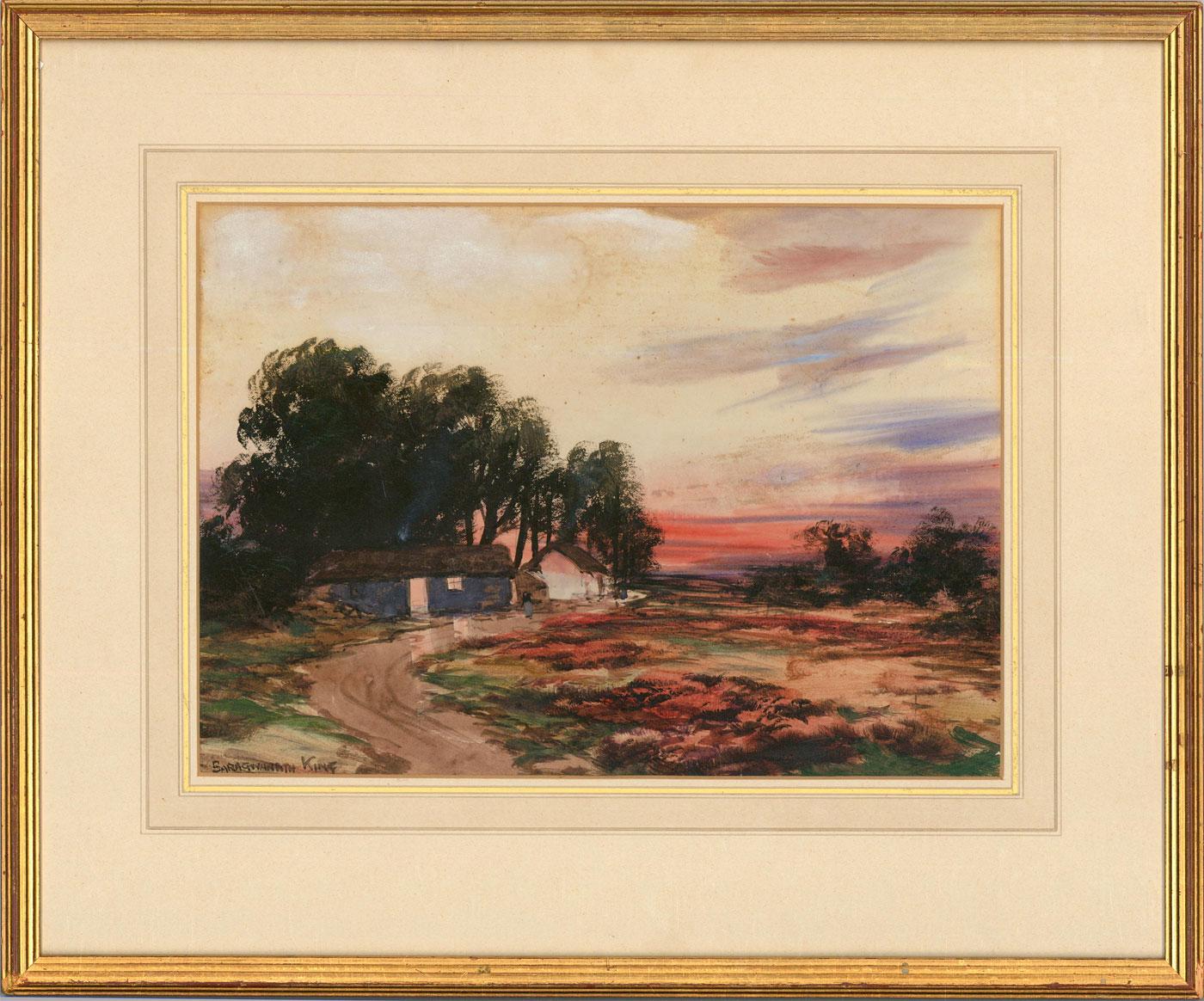 Streaking across the night's sky is this stunning depiction of a red sunset falling behind trees. The artist has signed the landscape to the lower left, and the watercolour has been well presented in a wash-line mount and reeded gilt frame. On