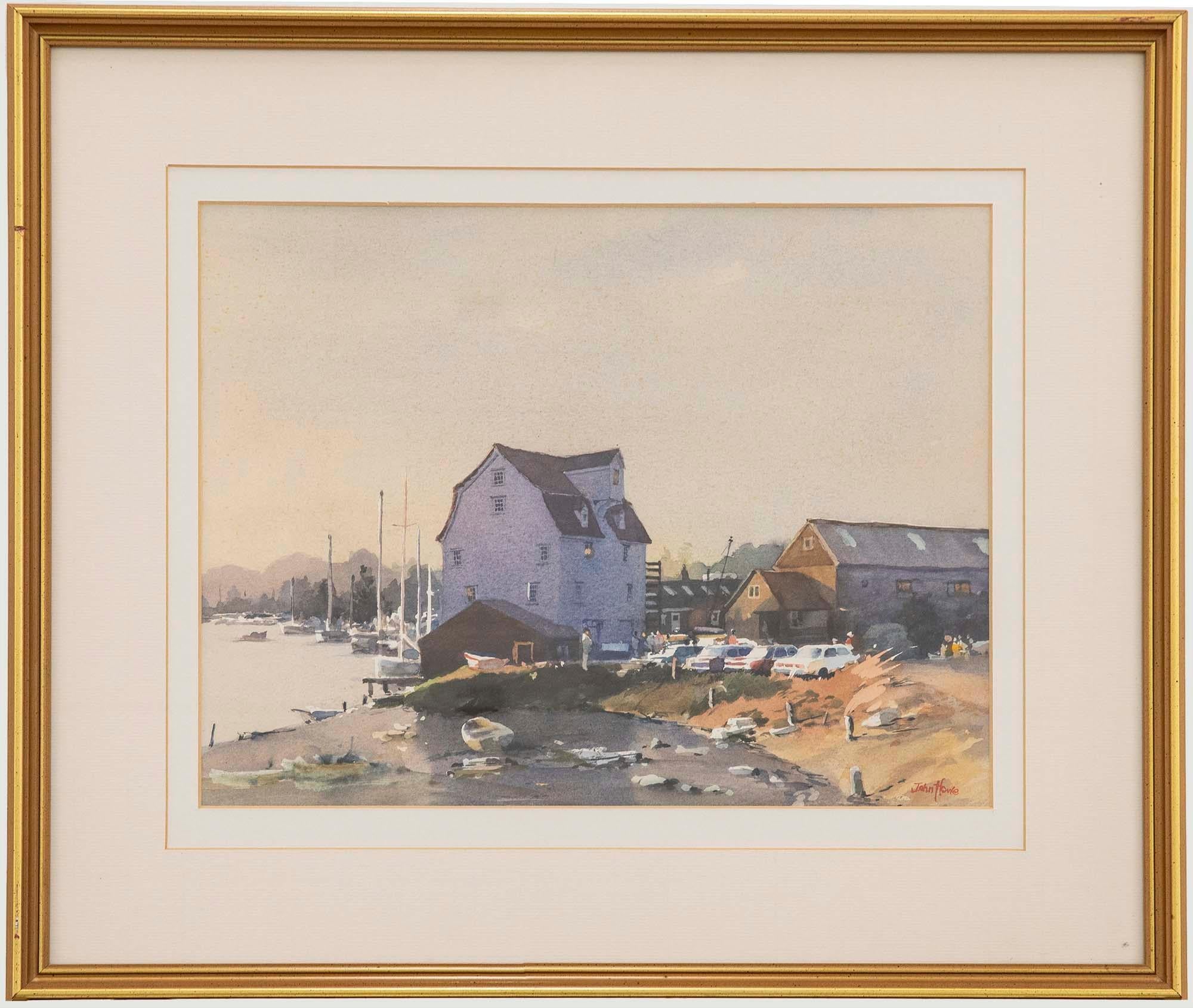 A serene watercolour scene of sailing boats at the club house by marine artist John Howe. As the sun falls, a soft purple hue washes over the water and buildings with glimpses of figures gathered round parked cars. Signed by the artist to the lower