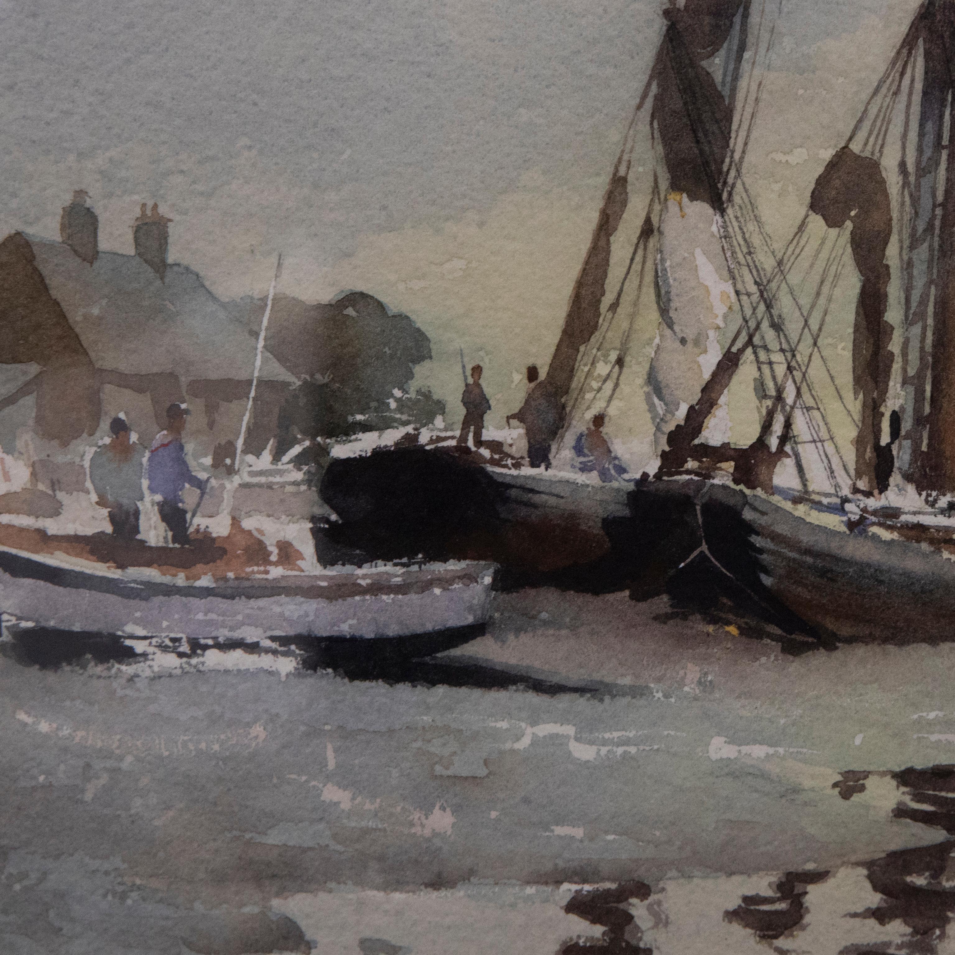 John Howe - Framed 20th Century Watercolour, Stumpy Barges For Sale 3