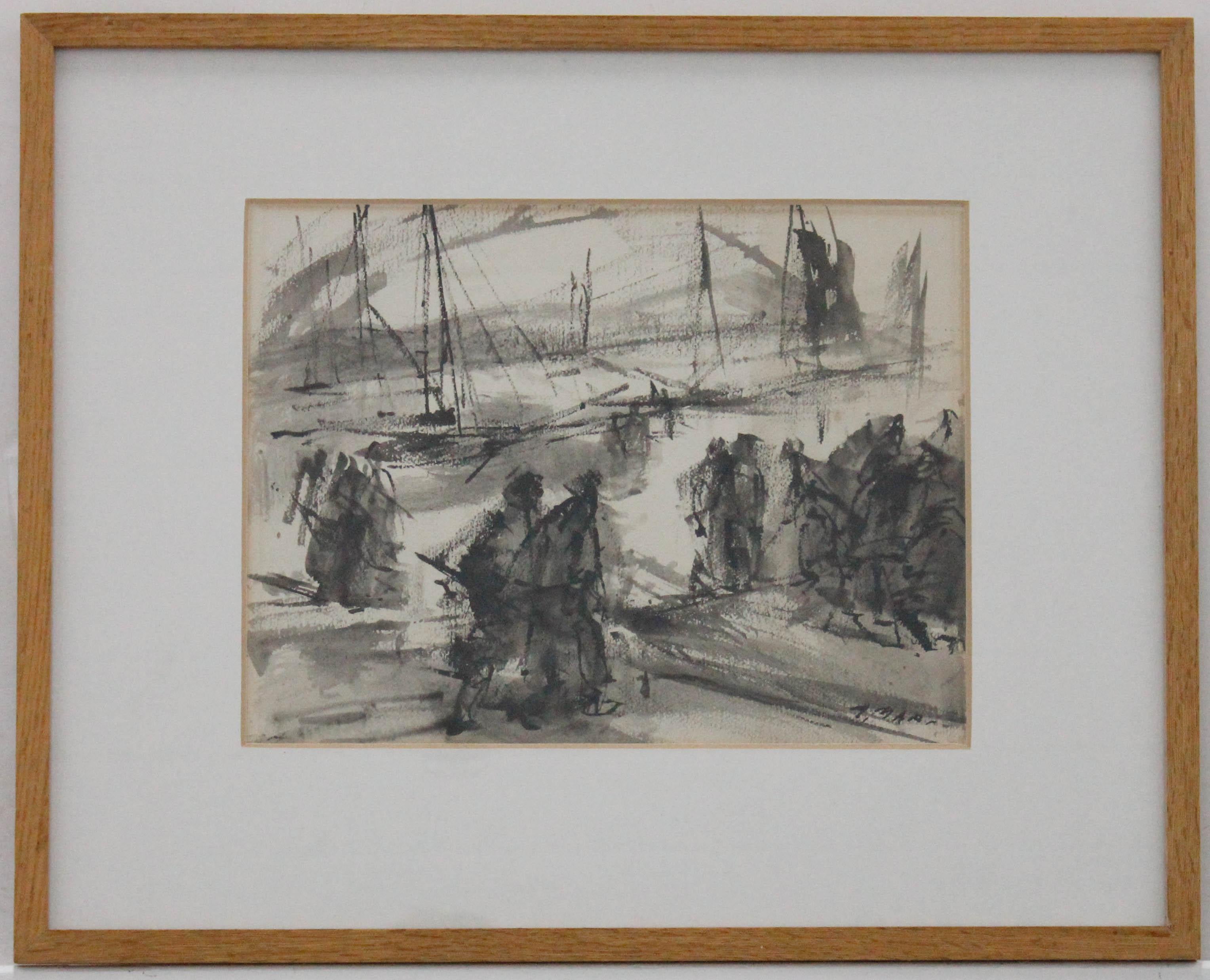 An expressive monochrome scene by Spanish artist Antonio Mari Ribas (1906-1974), depicting figures rushing past harbour masts. Signed to the lower right. Smartly mounted in a natural wood frame. On watercolour paper. 
