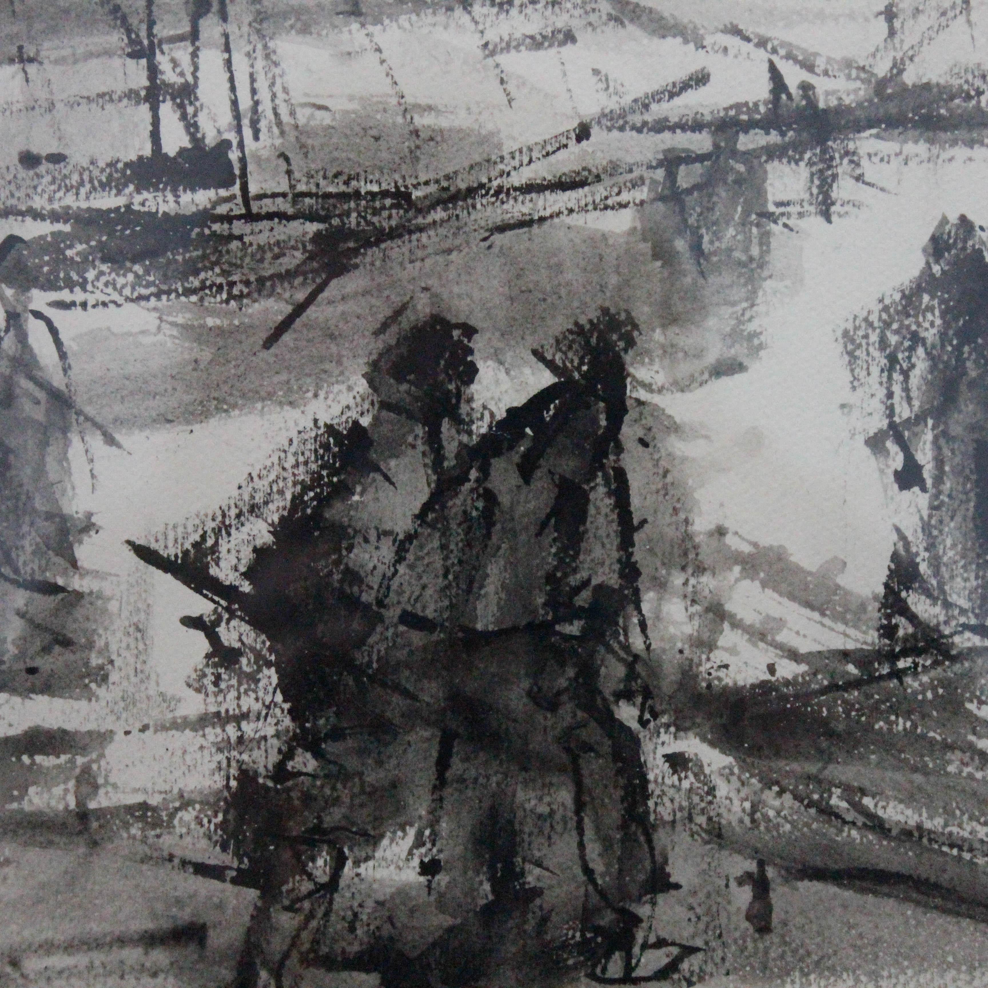 Antonio Mari Ribas (1906-1974) - Framed India Ink Study, Figures in A Hurry 2
