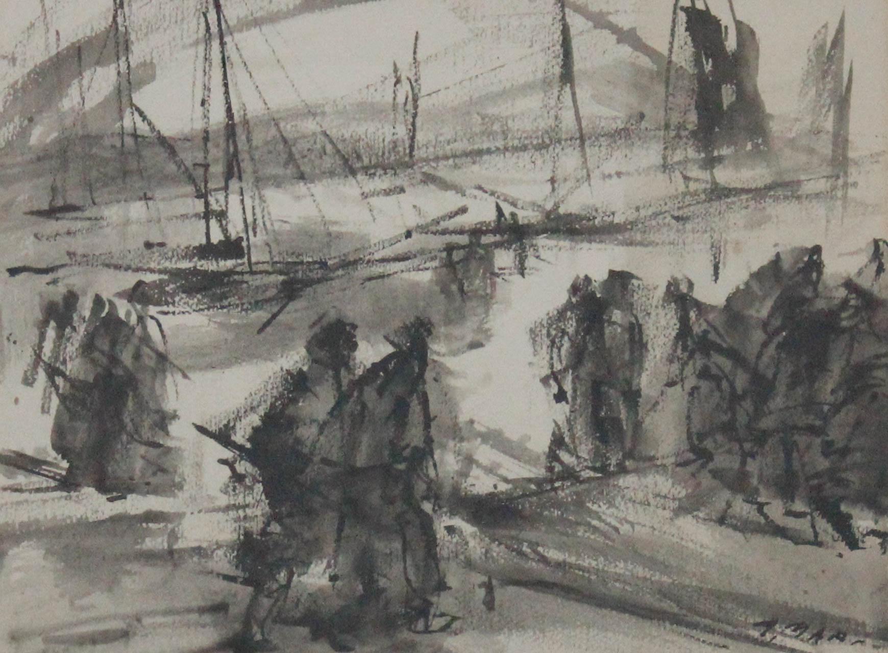 Antonio Mari Ribas (1906-1974) - Framed India Ink Study, Figures in A Hurry 4