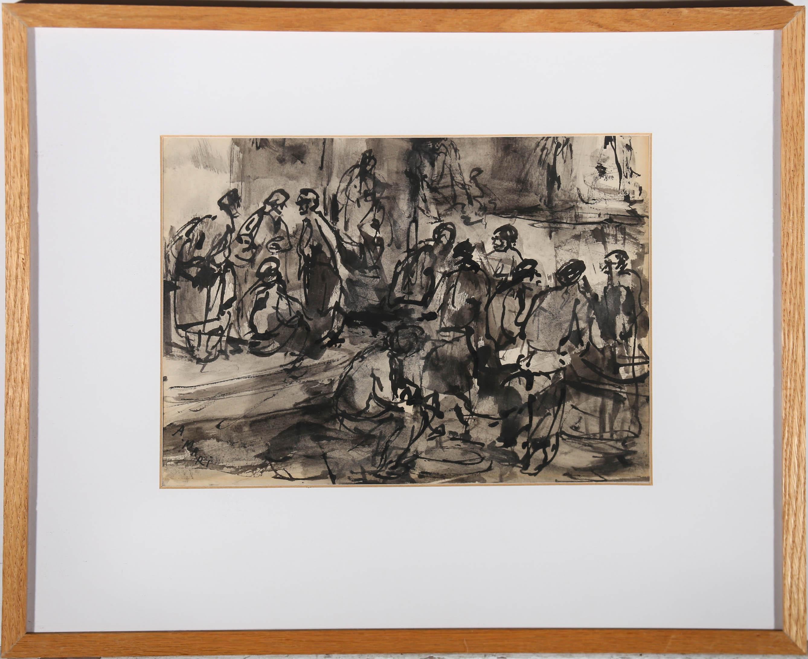 An expressive monochrome scene by Spanish artist Antonio Mari Ribas (1906-1974), depicting figures in a busy market square. Signed to the lower left. Smartly mounted in a natural wood frame. With printed gallery label verso. On paper. 
