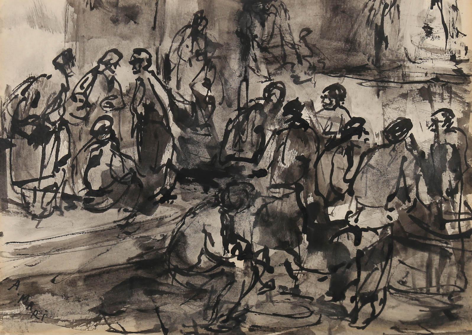 Antonio Mari Ribas (1906-1974) - Framed India Ink Study, Market Conversations 1