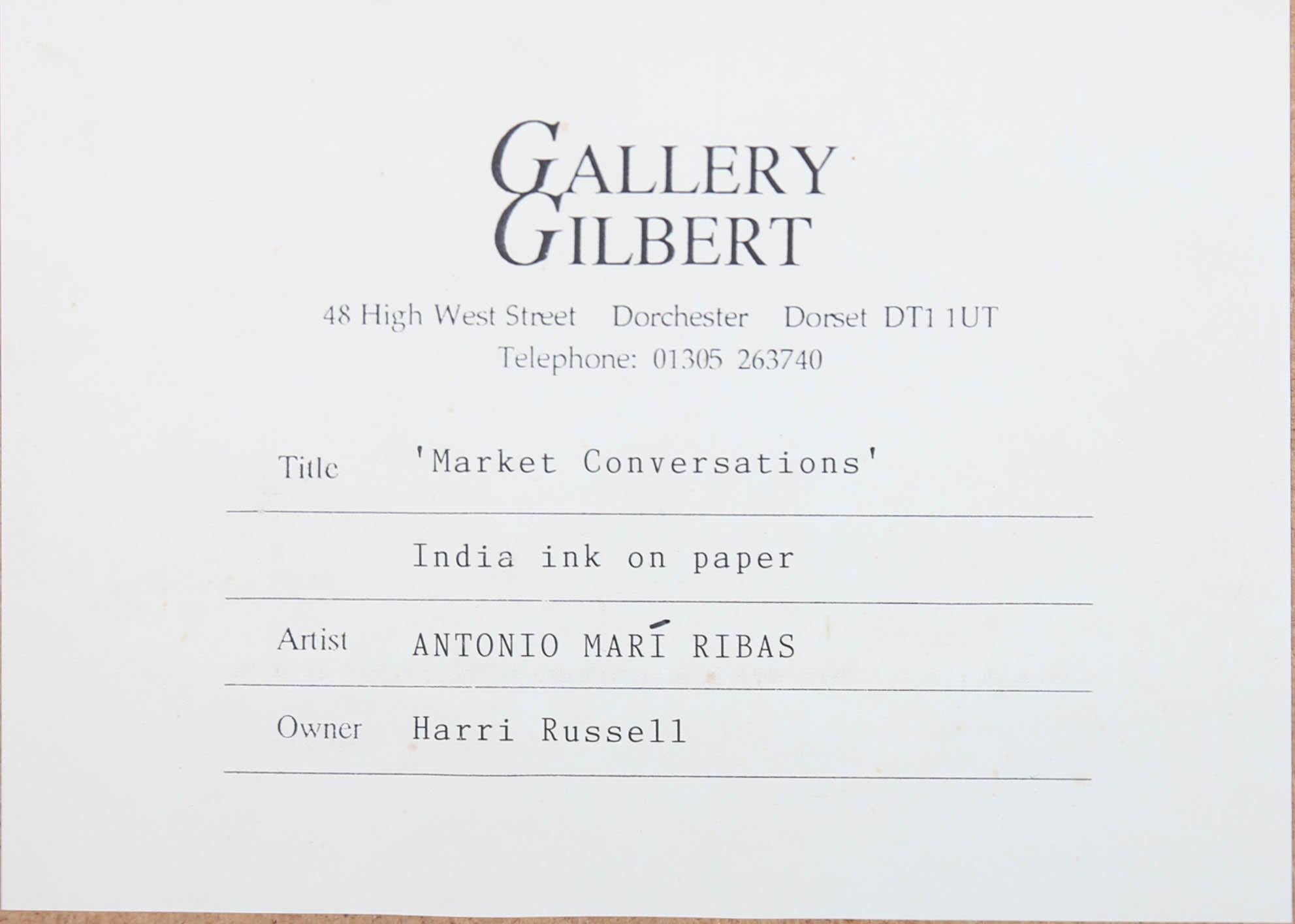 Antonio Mari Ribas (1906-1974) - Framed India Ink Study, Market Conversations 4