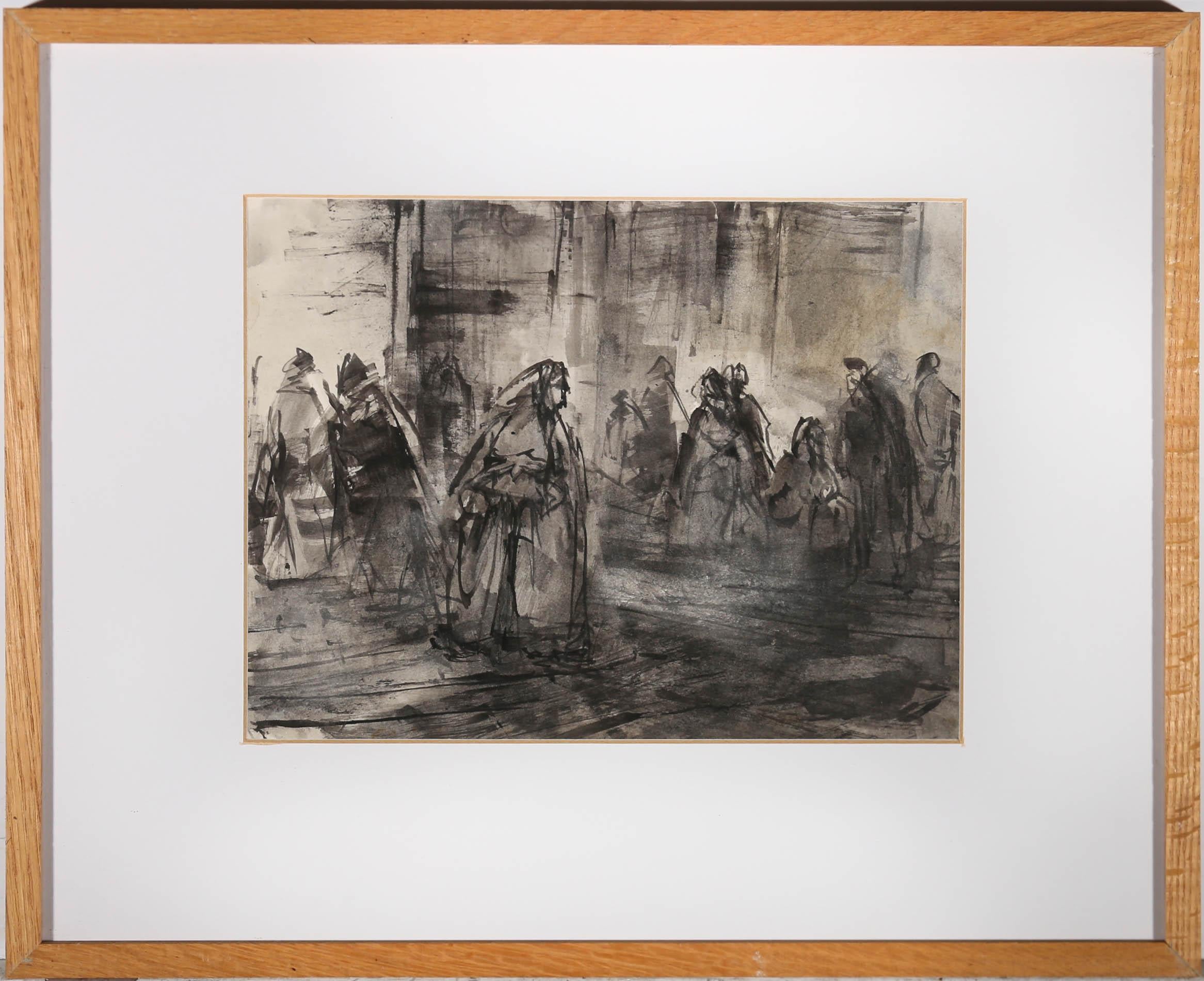 A striking monochrome street scene by Spanish artist Antonio Mari Ribas (1906-1974). Unsigned. Smartly mounted in a natural wood frame. With a printed gallery label verso. On paper.
