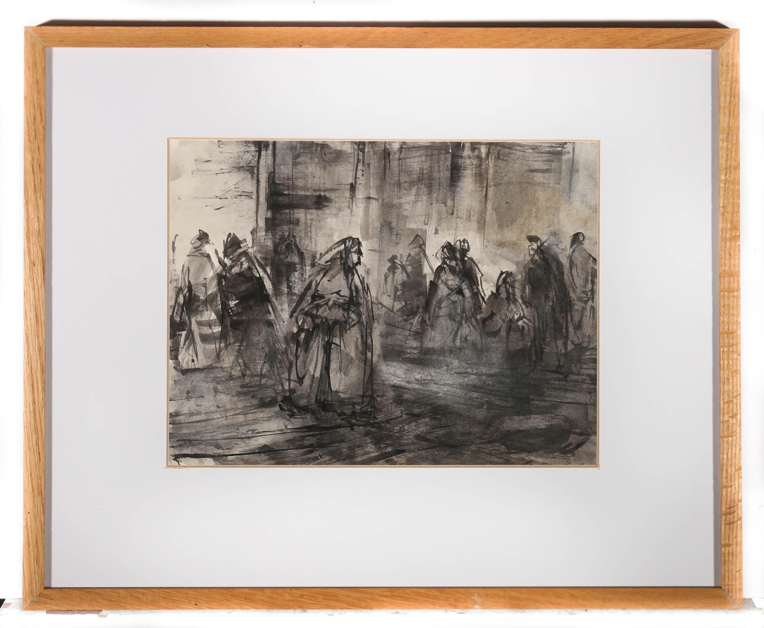 Antonio Mari Ribas (1906-1974) - Framed India Ink Study, Shadows of the Old Town 2